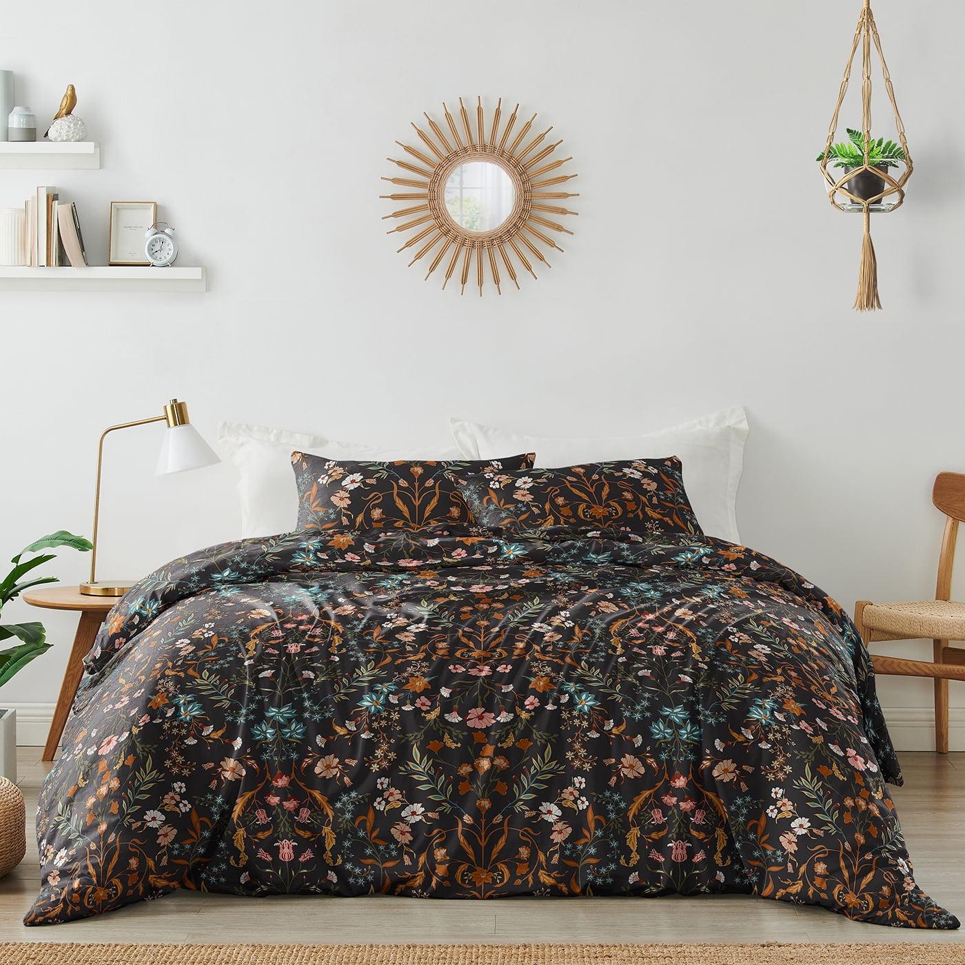 Boho Floral Black and Orange Cotton King Duvet Cover Set