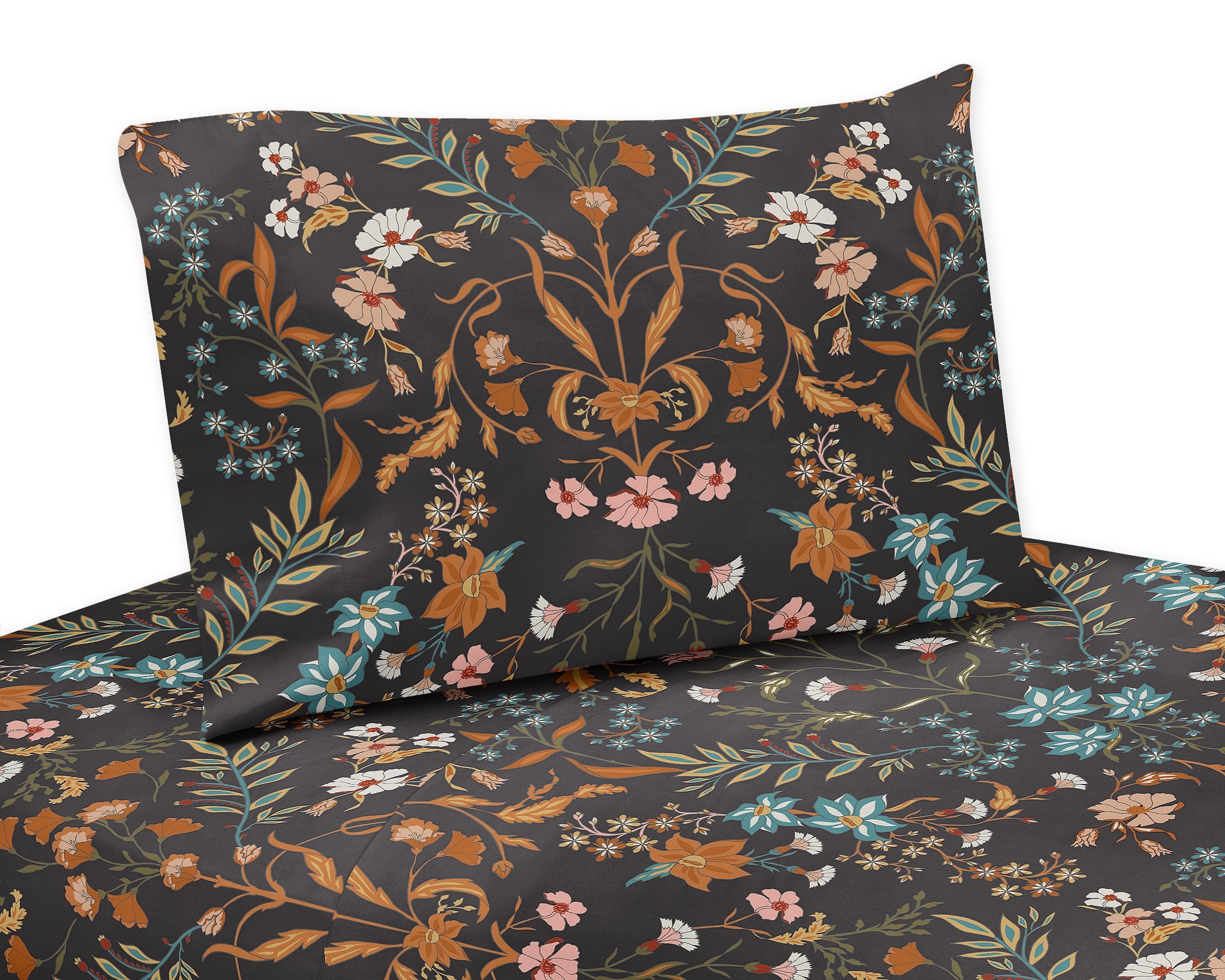 Sweet Jojo Designs Girl Queen Sheet Set Boho Floral Wildflower Orange Black and Blue 4pc