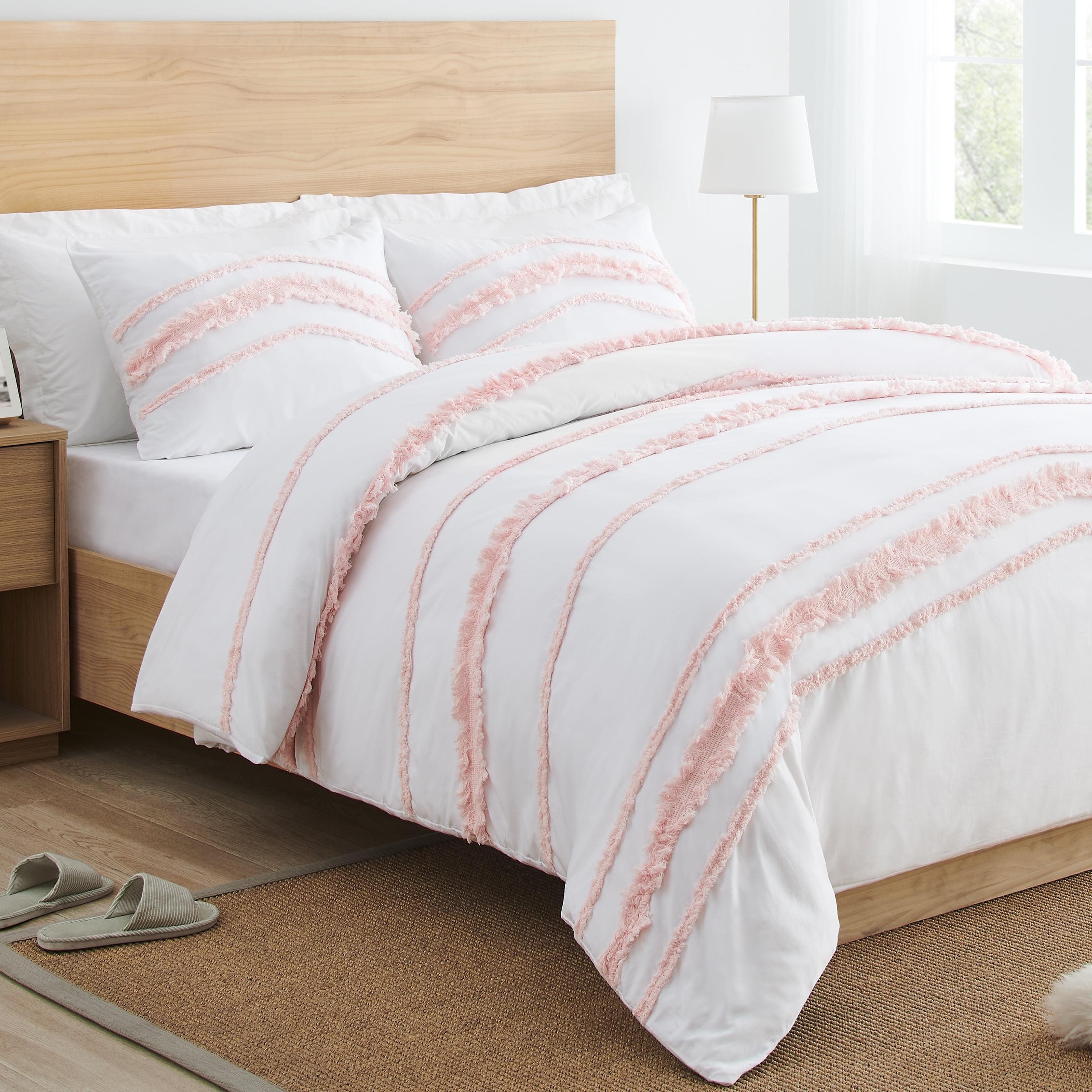 Boho Fringe Pink and White Cotton Queen Duvet Set