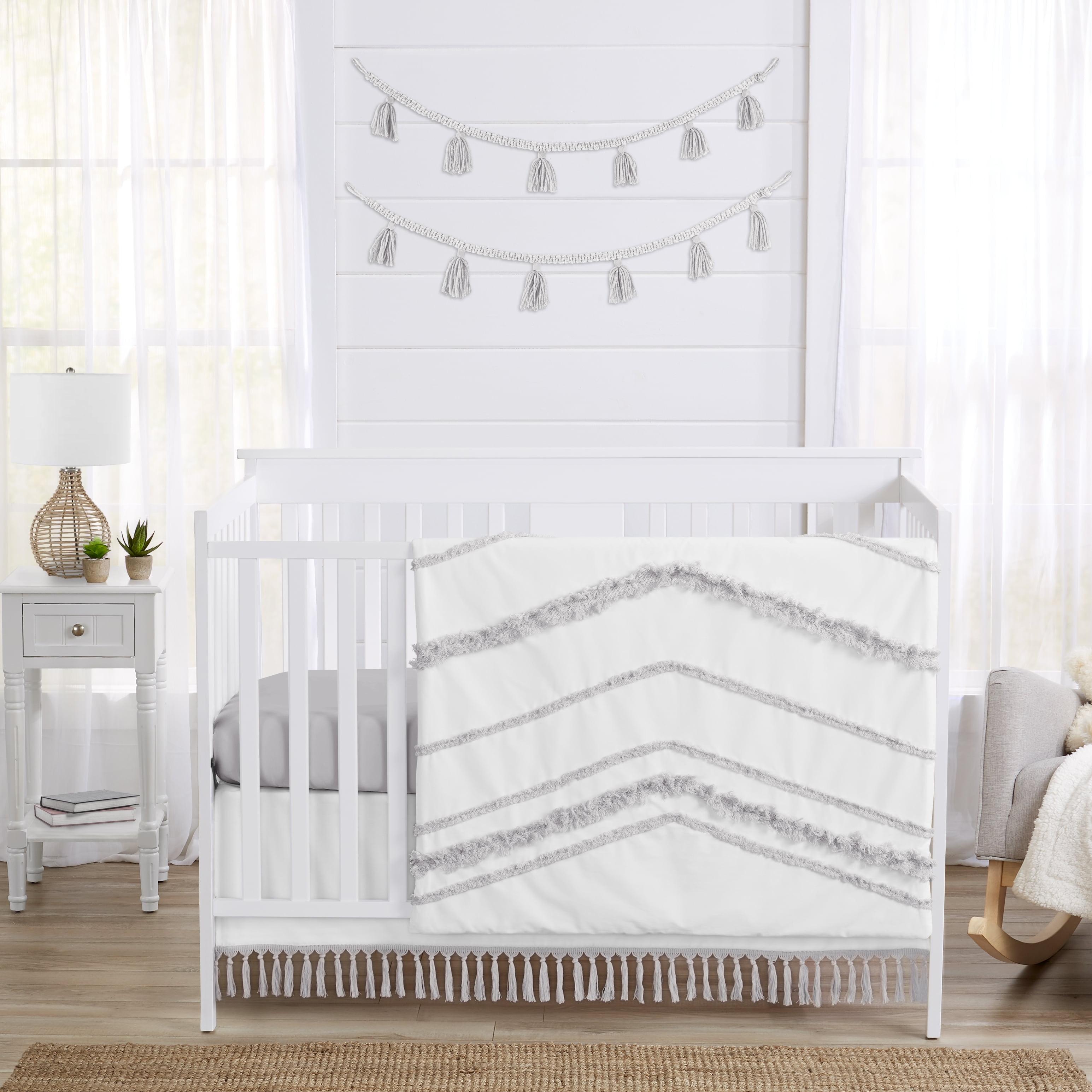 Sweet Jojo Designs Boy Girl Gender Neutral Unisex Baby Crib Bedding Set - Boho Fringe White and Grey Collection 4pc