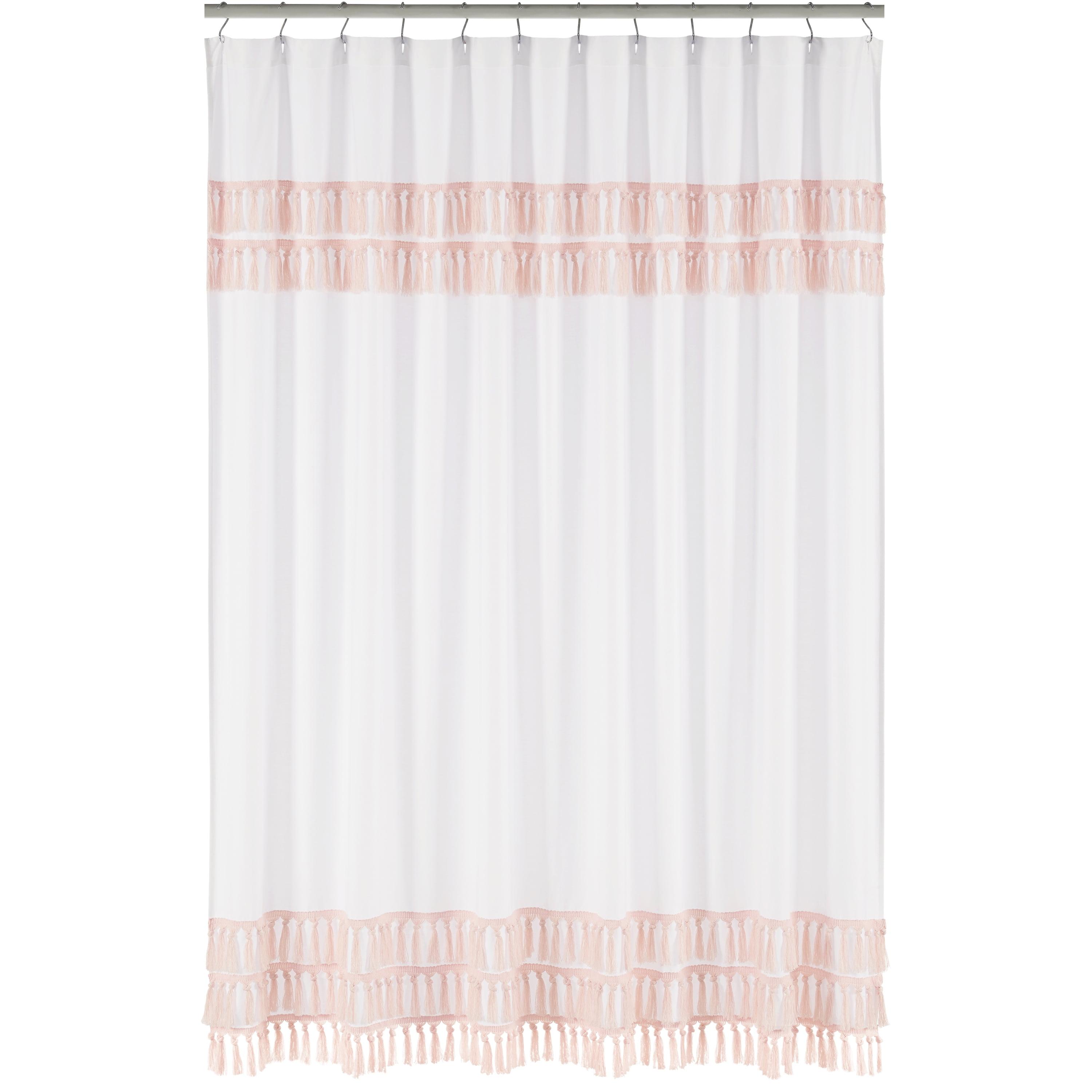 Boho White and Pink Cotton Shower Curtain with Fringe