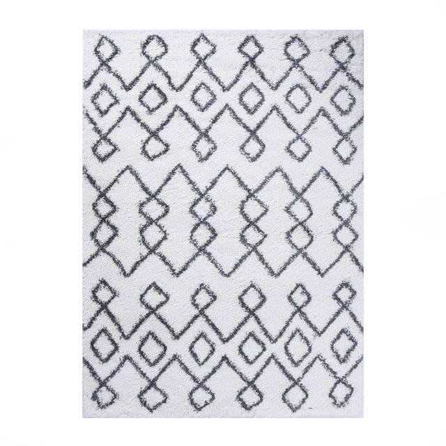 Boho Geometric Diamonds Plush Shag Indoor Area Rug, Black/Cream, 8' x 10'