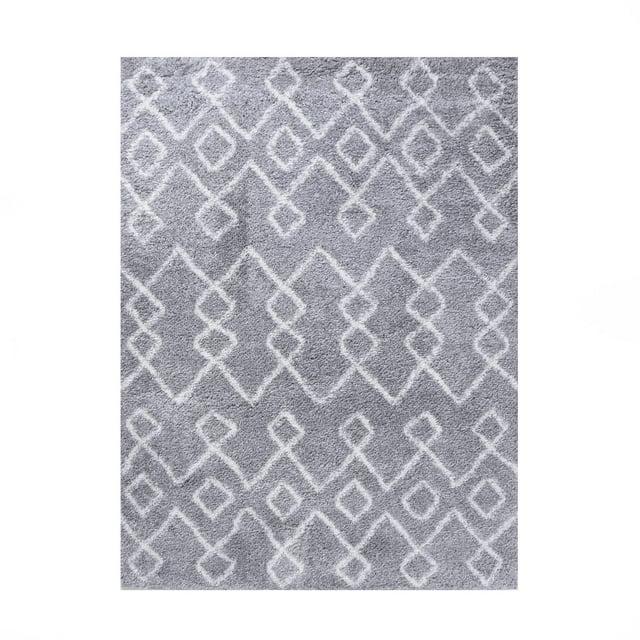 Boho Geometric Diamonds Plush Shag Indoor Area Rug, Cream/Grey, 4' x 6'