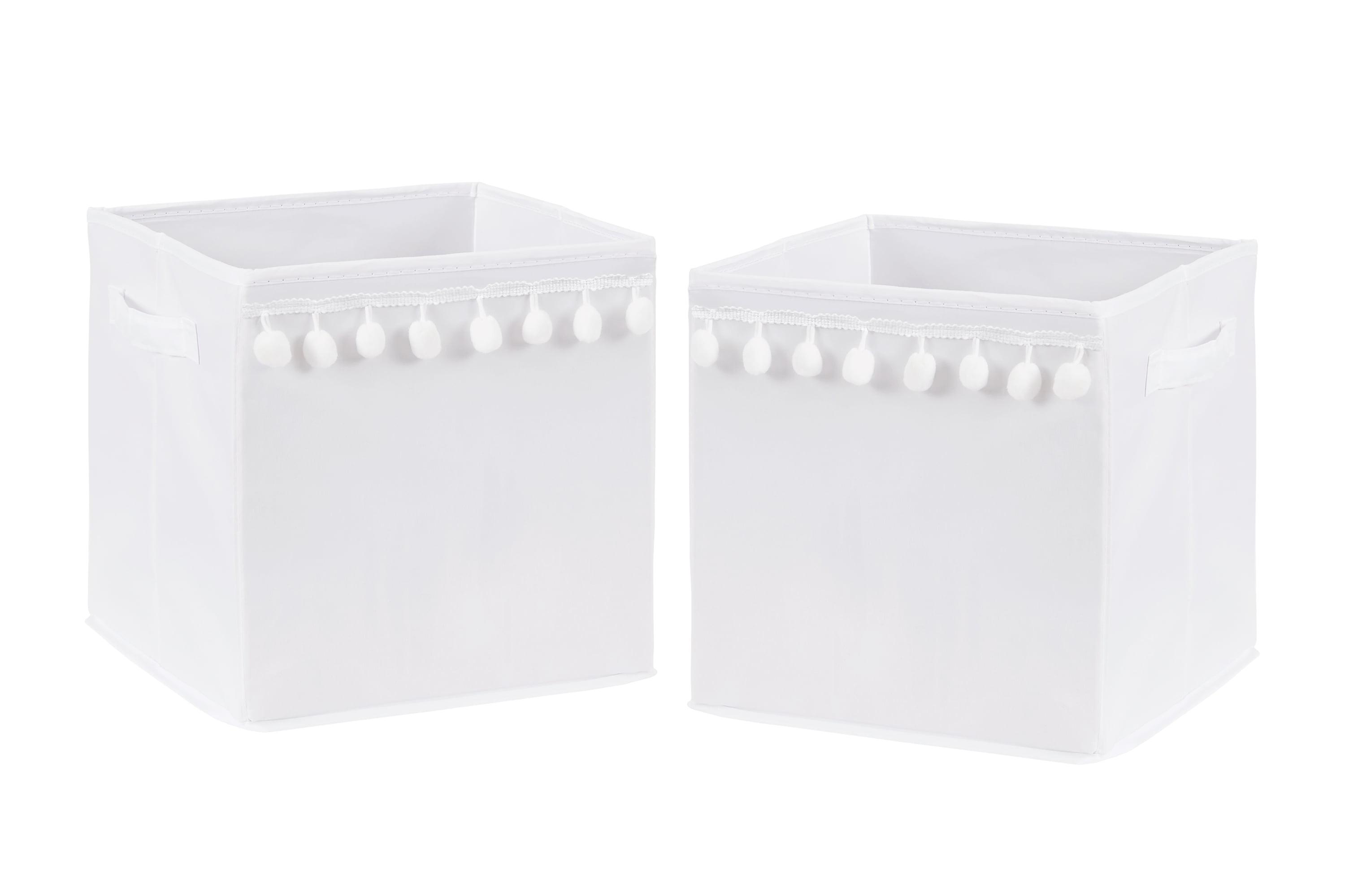 White Fabric Foldable Storage Bins with Pom Pom Trim, Set of 2