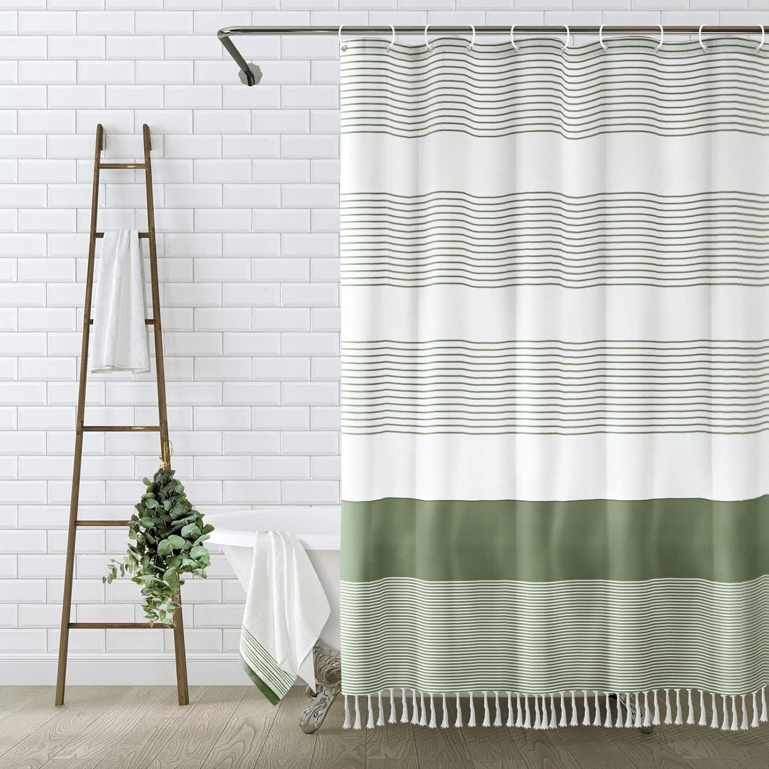 Sage Green Linen Blend Striped Shower Curtain with Tassels