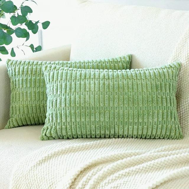 Boho Sage Green Striped Corduroy Pillow Covers - Set of 2 | Farmhouse Rectangle Cushion Cases for Sofa Couch Bed | Soft Decorative Throw Pillowcases - 12x20 Inch Home Decor