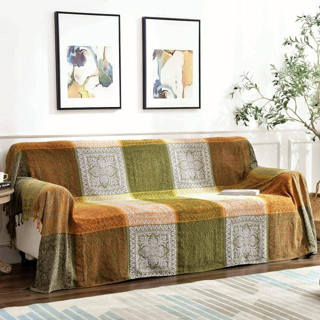 Manta Bohemia, Borlas Bohemias para Cama, Sofá, Silla Suave, Borlas con Flecos de Chenilla (Verde, Grande 86 X 102 Pulgadas)