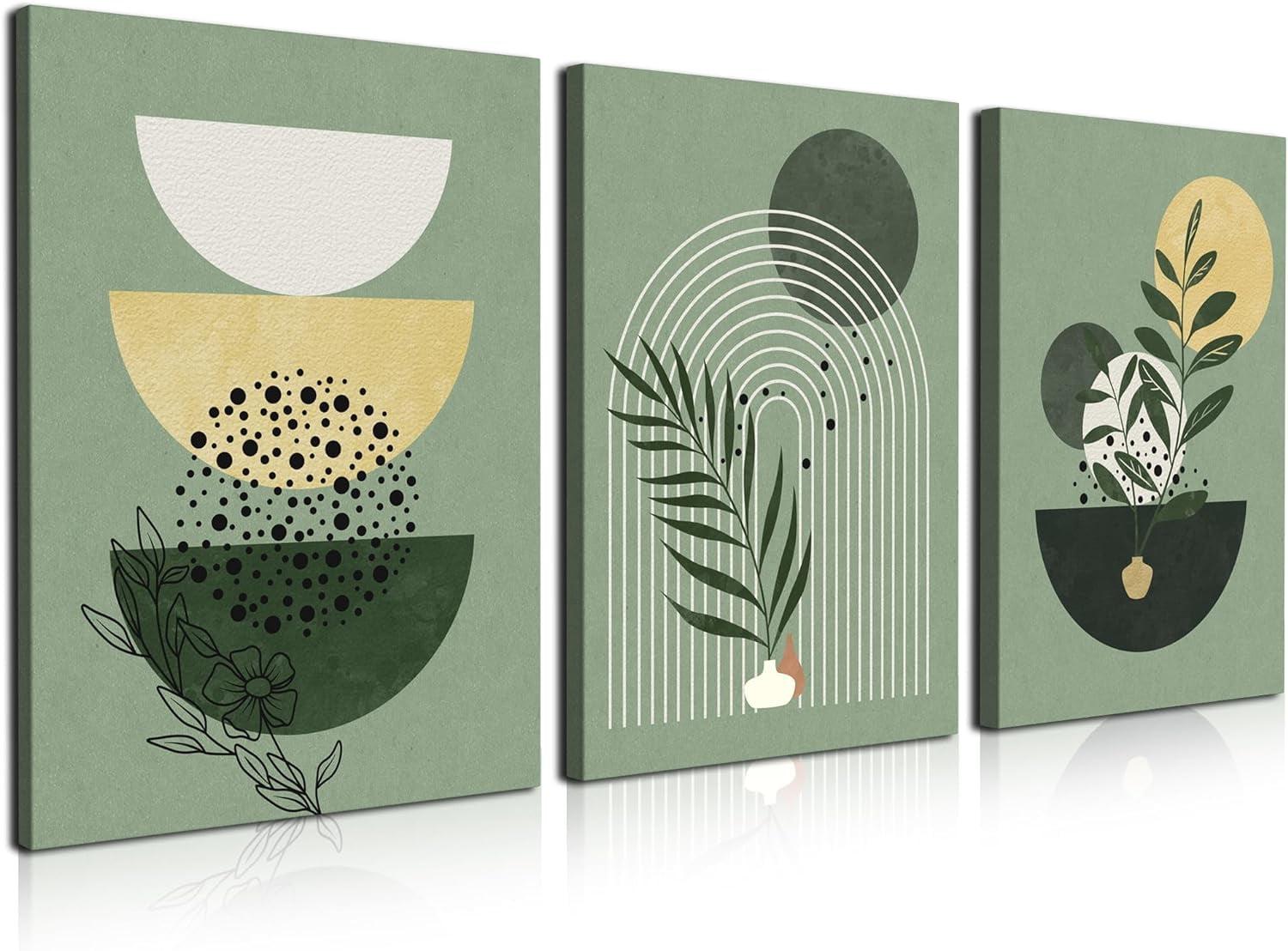 Boho Wall Art, Mid Century Modern Wall Art, Set of 3 Framed Canvas Wall Art Prints 12"x16" Abstract Geometric Neutral Sage Green Boho Artwork Wall Decor for Bedroom Living Room Bathroom