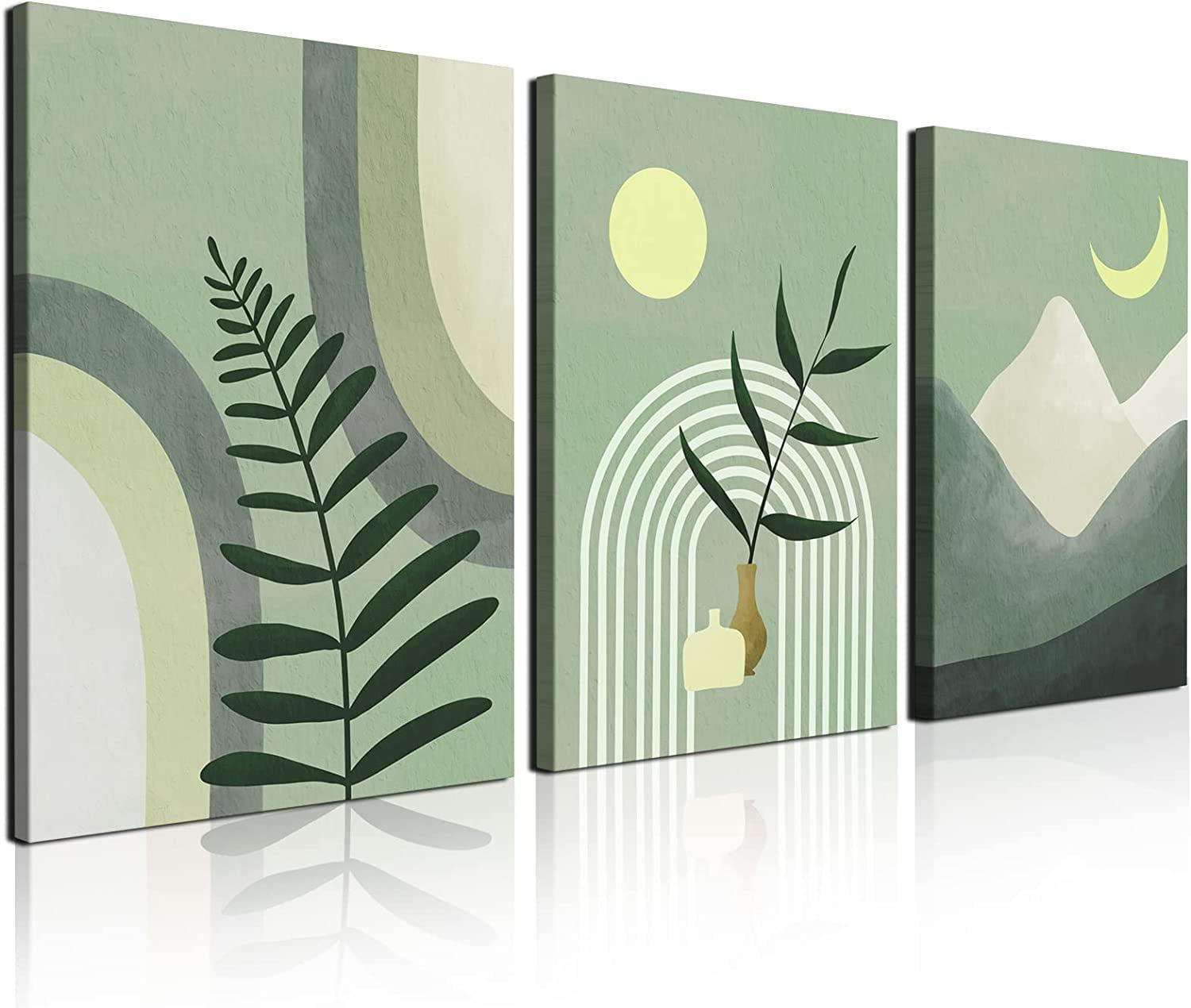 Boho Wall Art, Mid Century Modern Wall Art, Set of 3 Framed Canvas Wall Art Prints 12"x16" Abstract Geometric Neutral Sage Green Boho Artwork Wall Decor for Bedroom Living Room Bathroom