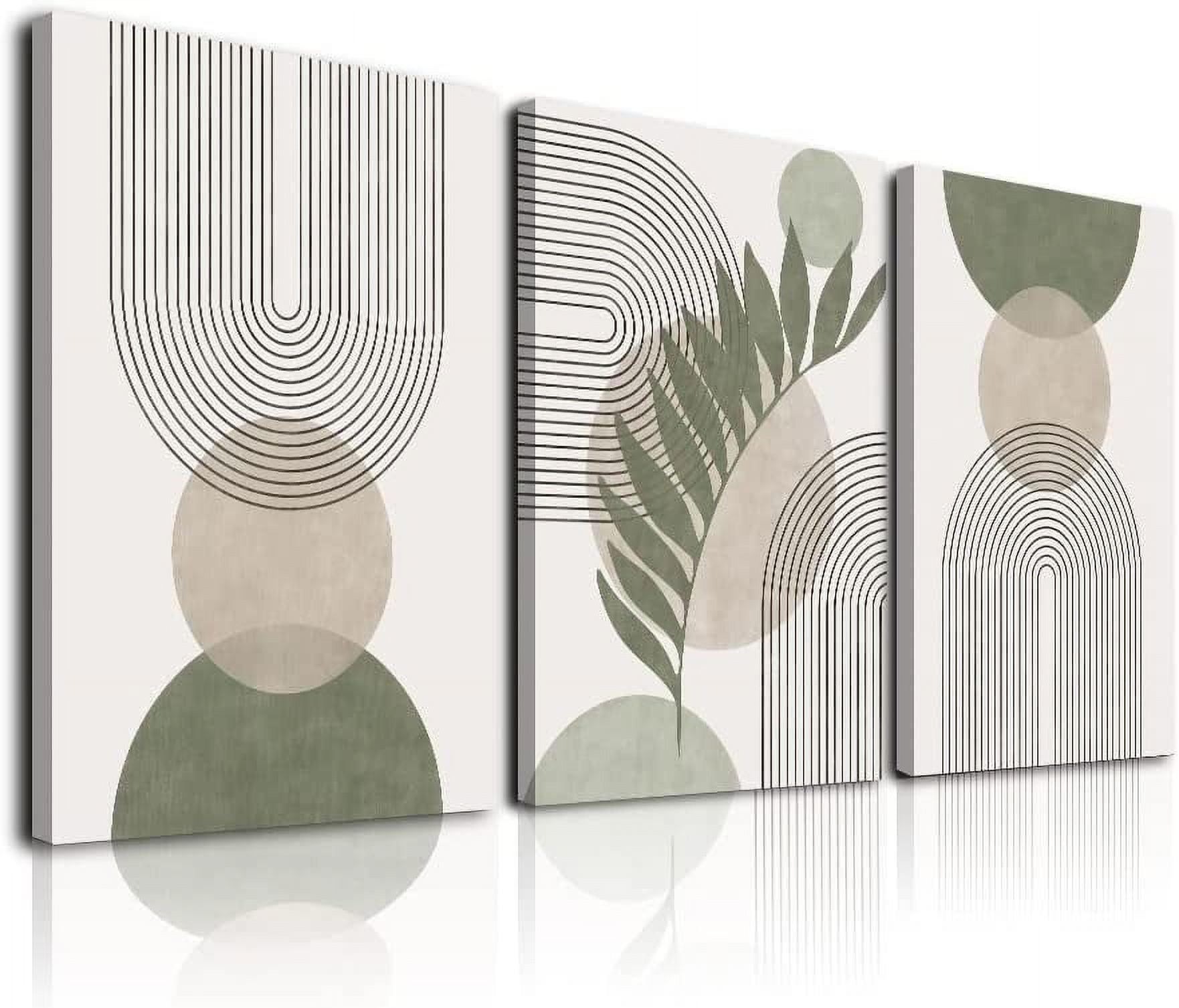 Sage Green Boho Wall Art Set of 3, Minimalist Framed Wall Art Geometric Line Leaf Sun Moon Beige Green Canvas Artwork Paintings, Abstract Botanical Boho Room Decor, Sage Green Wall Posters 12"x16"