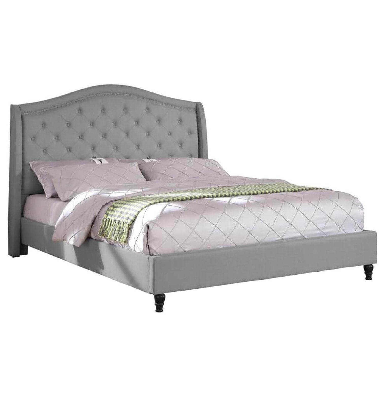 King Gray Tufted Upholstered Wood Frame Bed with Nailhead Trim