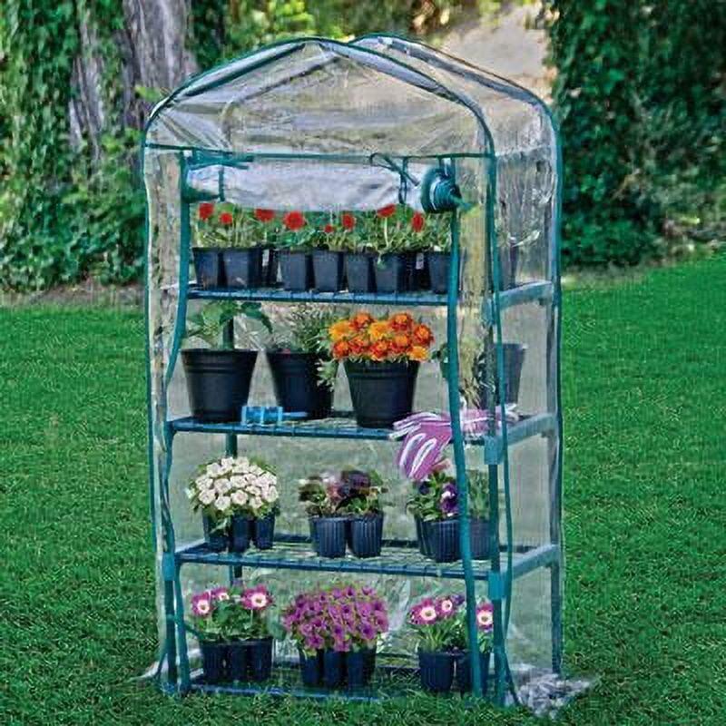 Small Green Steel Frame PVC Covered 4-Tier Greenhouse