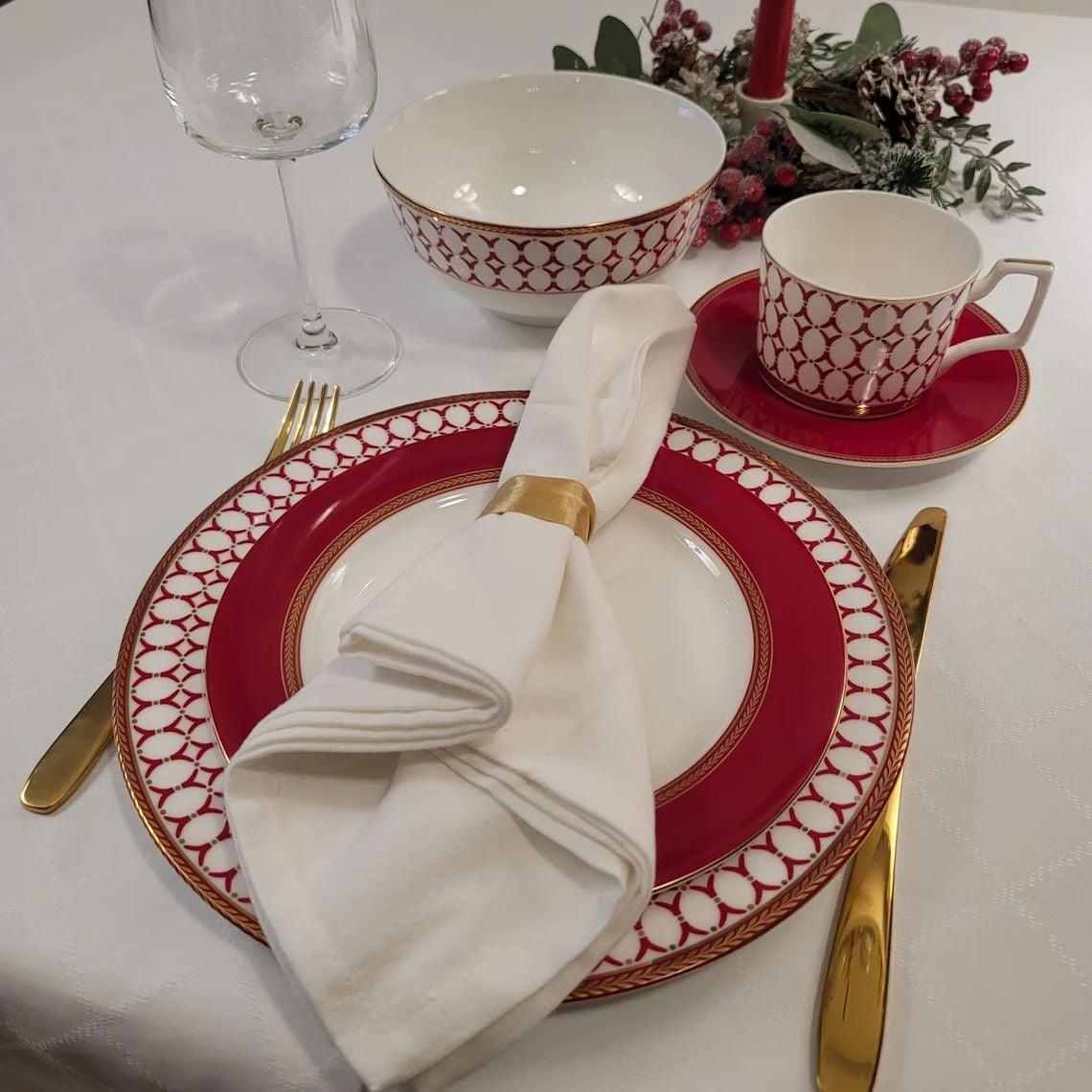 Elegant Red and White Porcelain Dinnerware Set, Service for 4