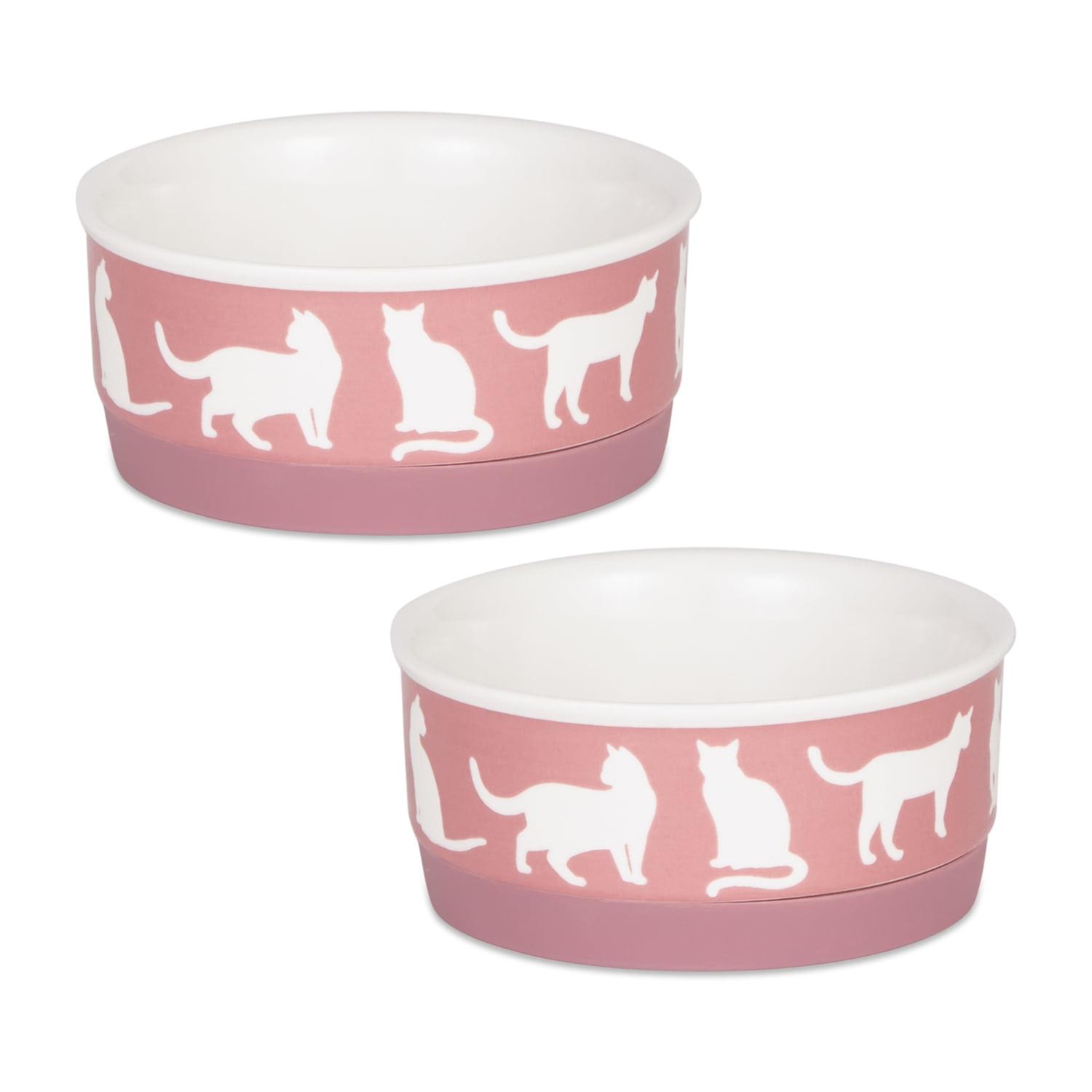 Small Rose Ceramic Cat Bowls with Non-Skid Base, Set of 2