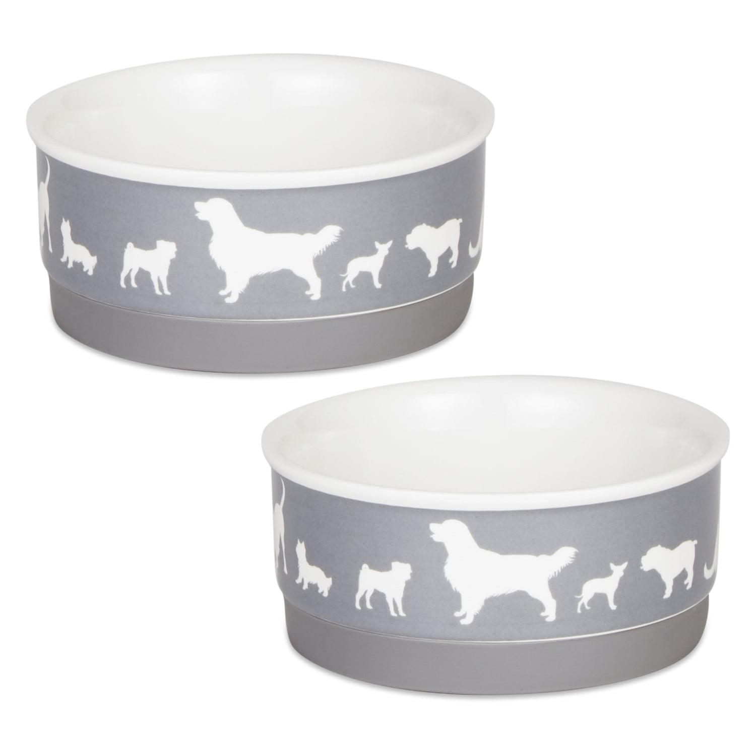 Gray Ceramic Pet Bowls with Non-Skid Silicone Base, Set of 2