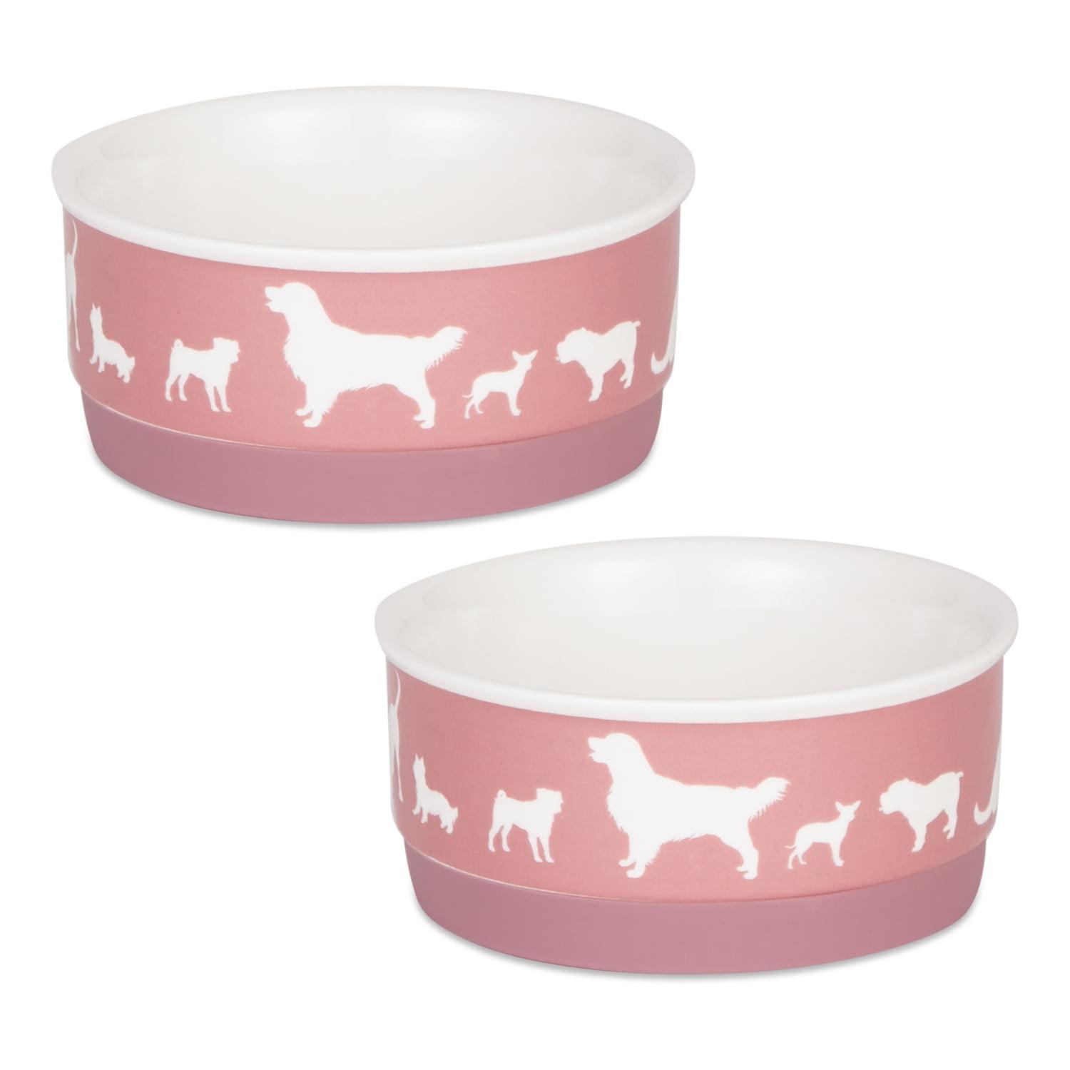 Rose Ceramic Pet Bowls with Non-Skid Silicone Base, Set of 2