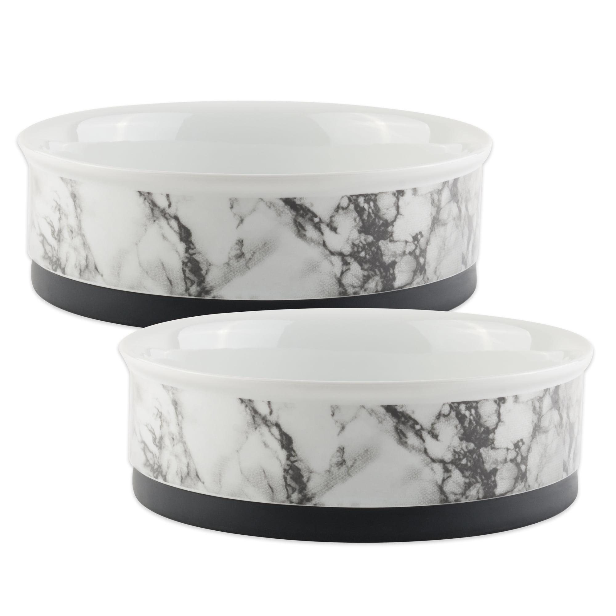 White Marble Ceramic Pet Bowls with Non-Skid Base, Set of 2