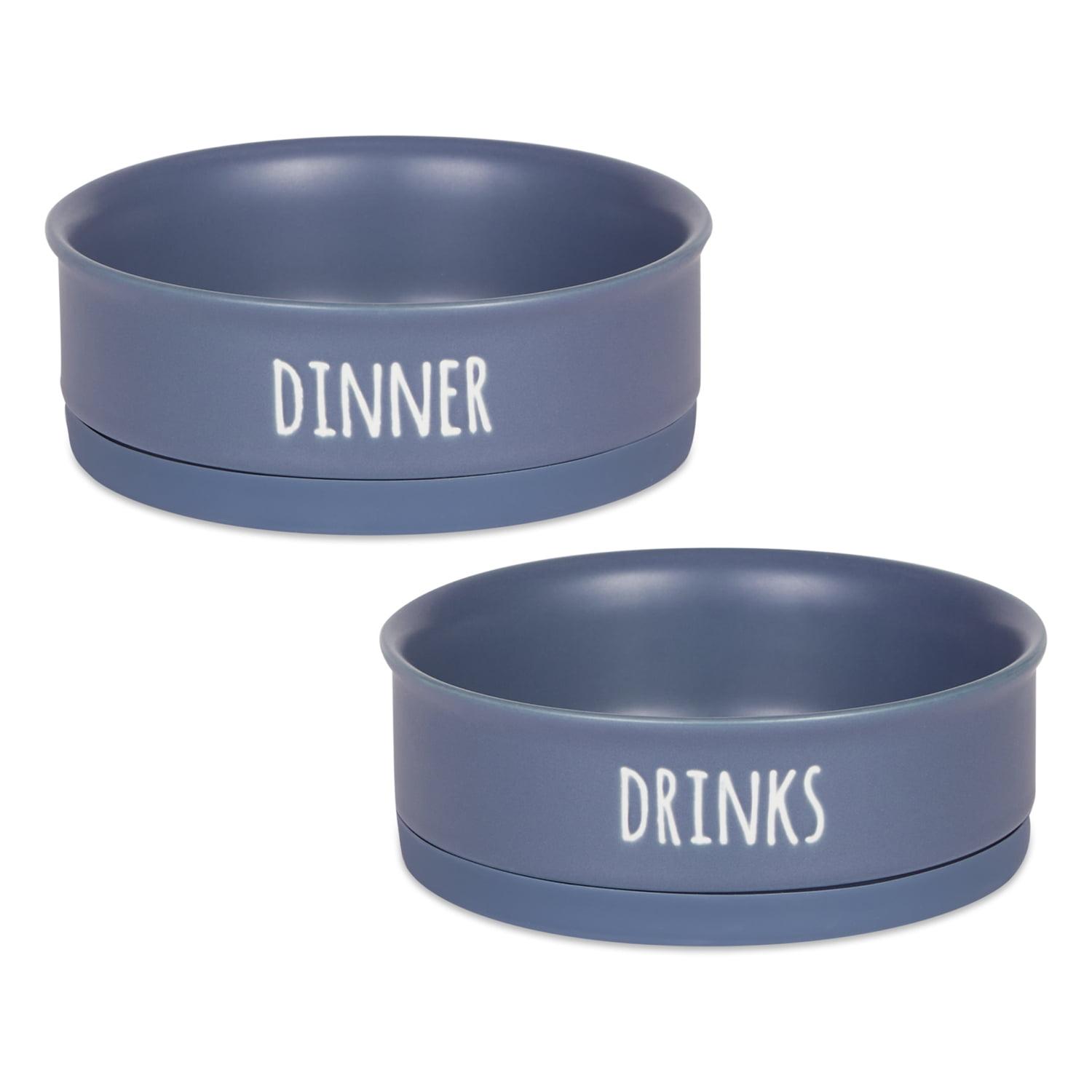 French Blue Ceramic Pet Bowls with Non-Skid Base, Set of 2