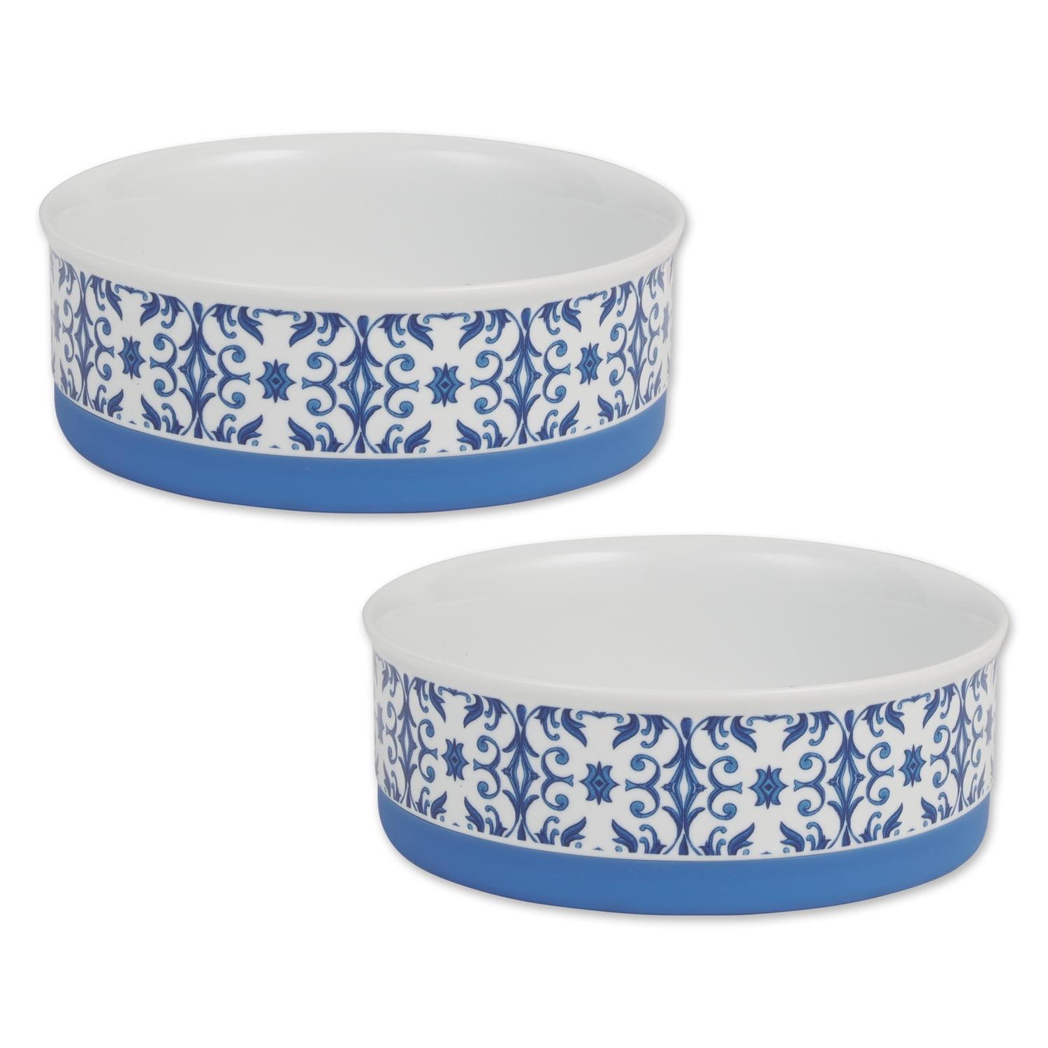 Blue Tile Medium Ceramic Pet Bowls with Non-Slip Base, Set of 2