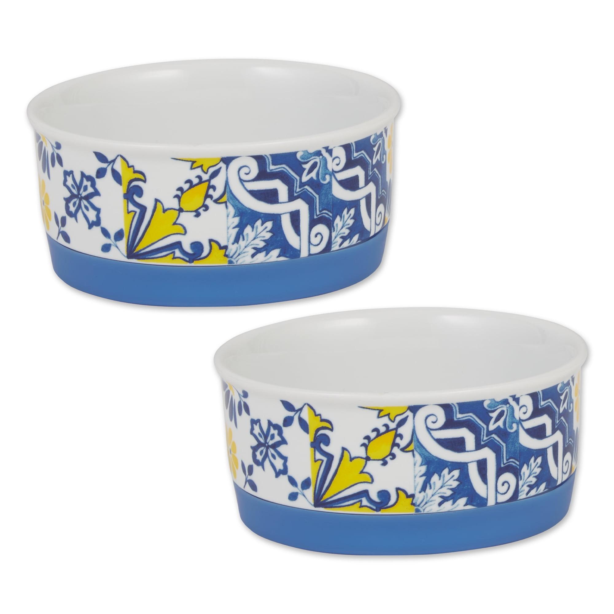 Small Blue Tile Ceramic Pet Bowls with Non-Slip Base, Set of 2