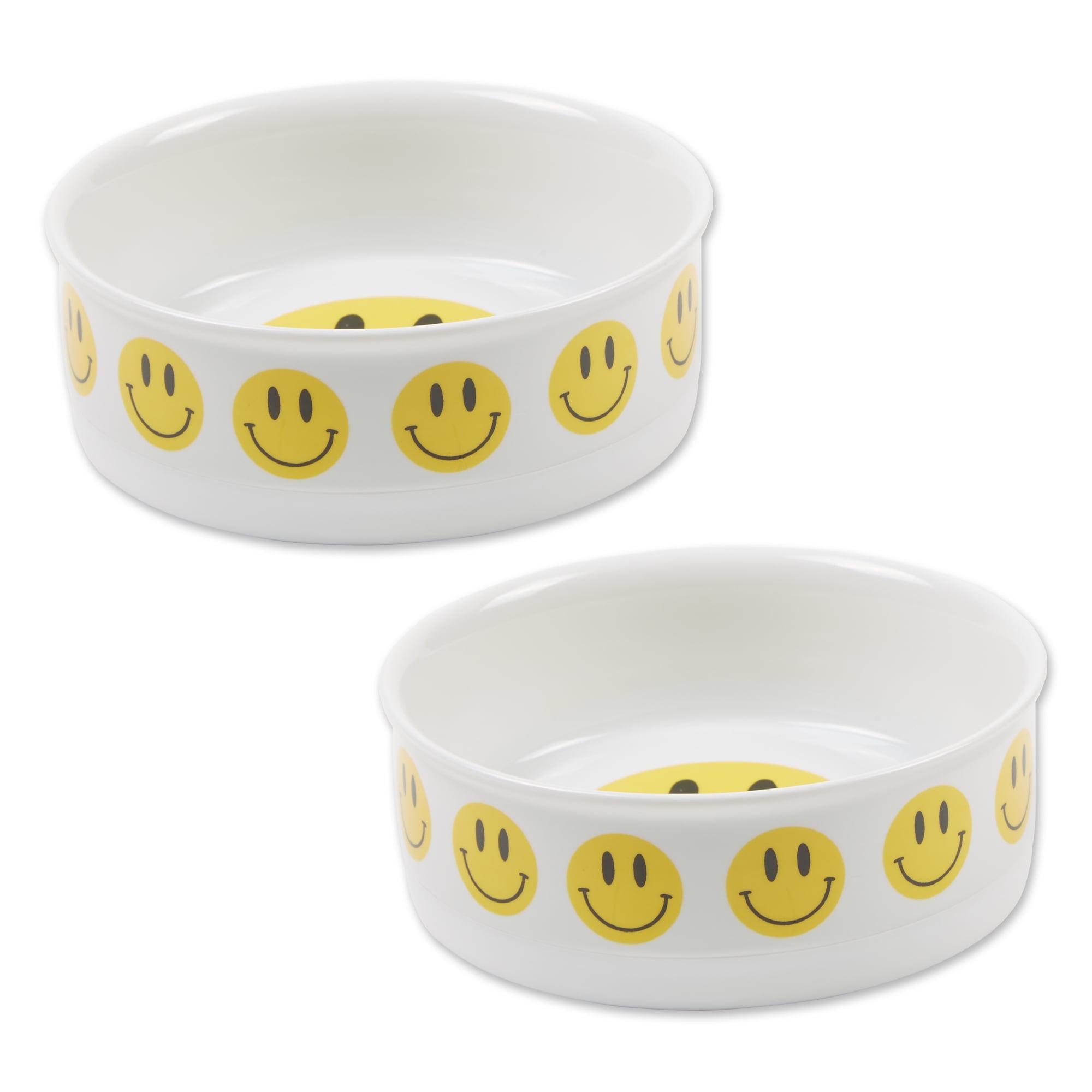 Small White Ceramic Pet Bowls with Smiley Face Design, Set of 2