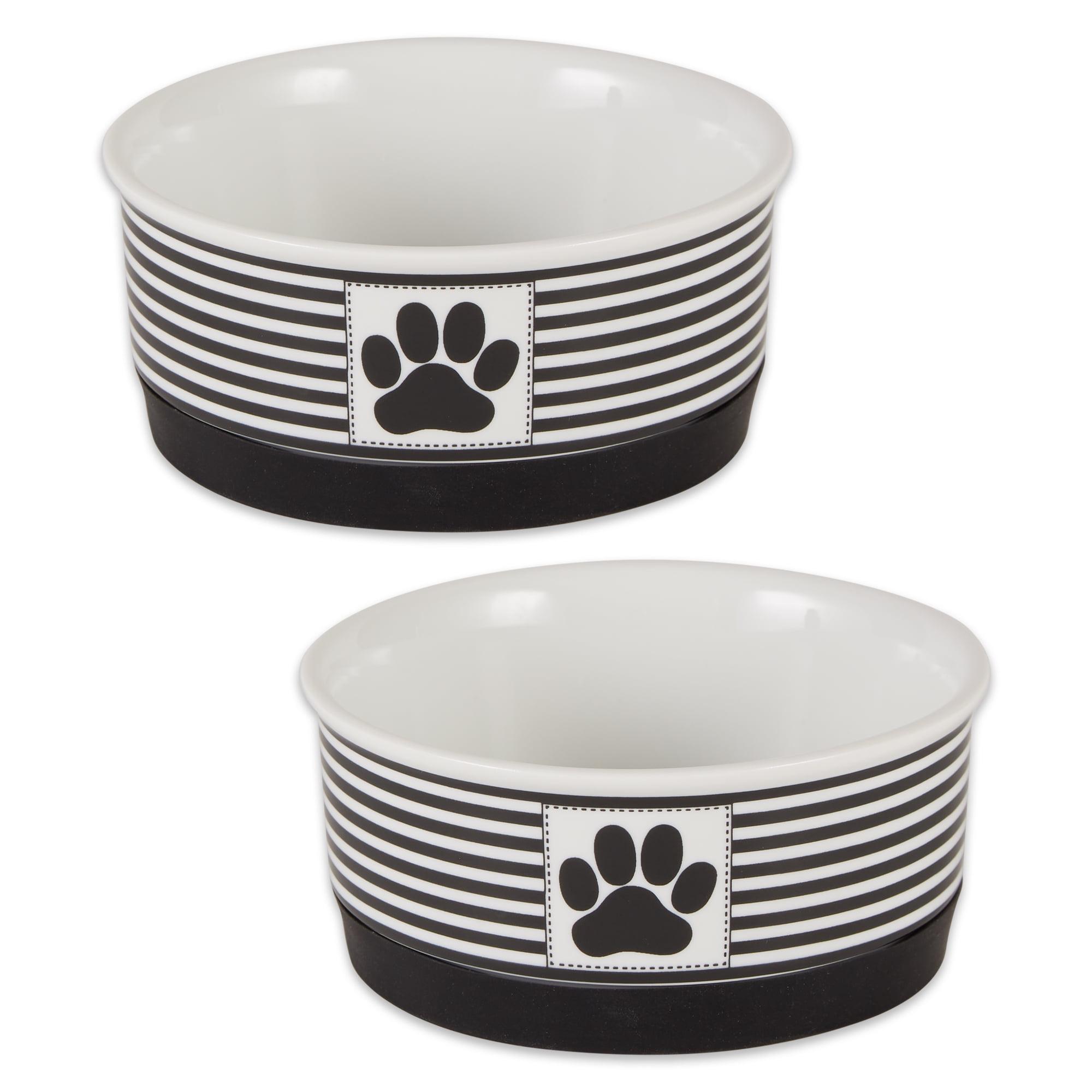 Black and White Striped Porcelain Pet Bowls with Silicone Ring, Small Set