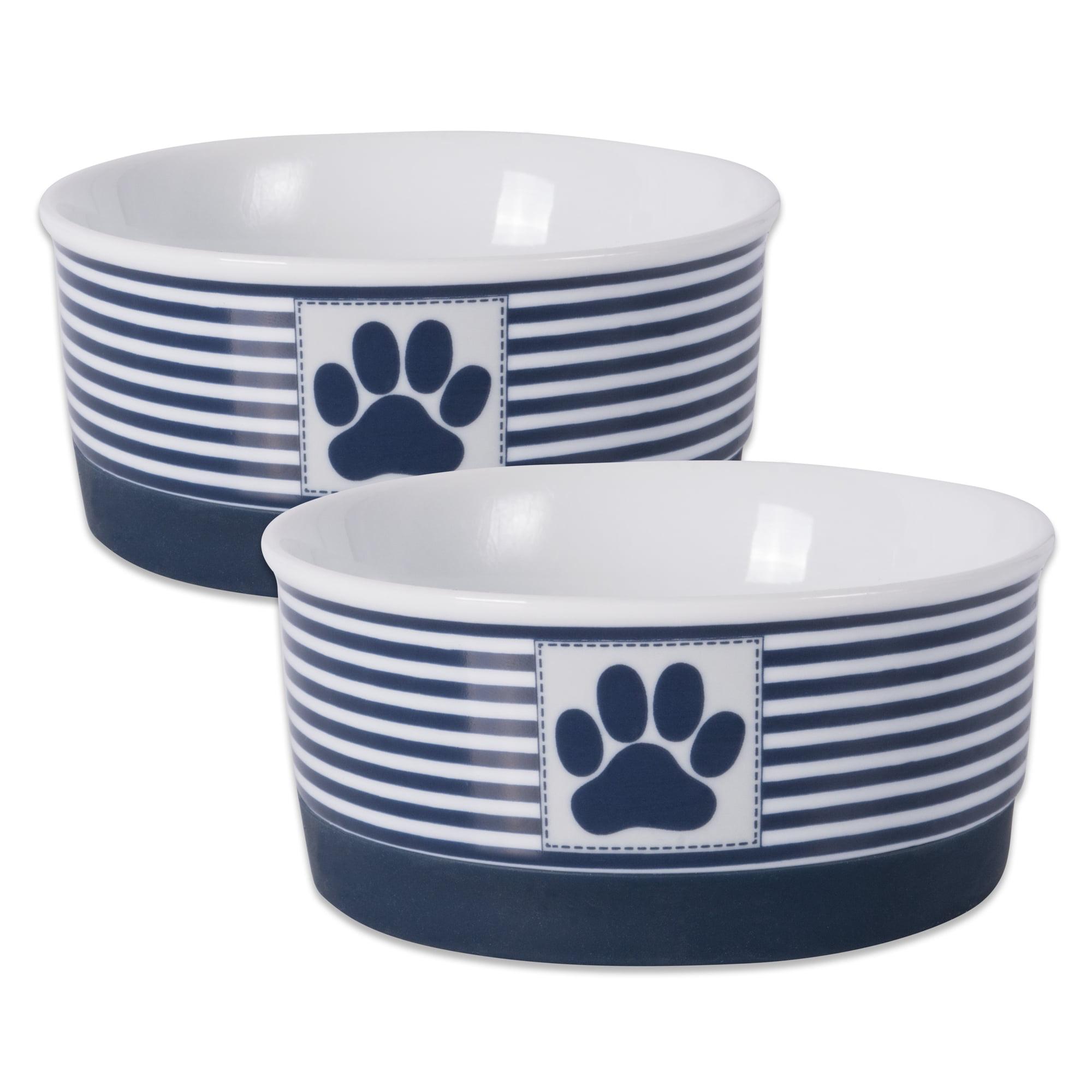 Small Nautical Blue Ceramic Pet Bowls with Paw Print, Set of 2