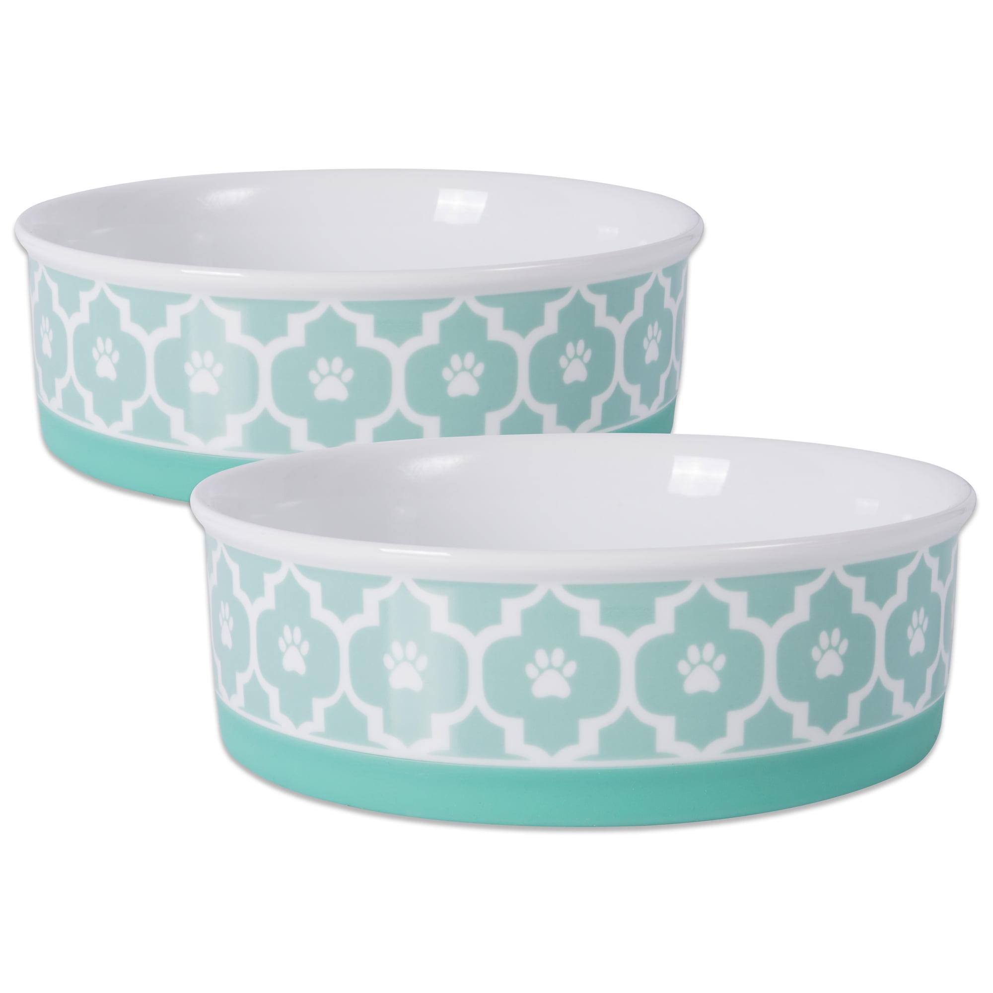 Aqua and White Porcelain Ceramic Pet Bowls with Silicone Bottom, Set of 2