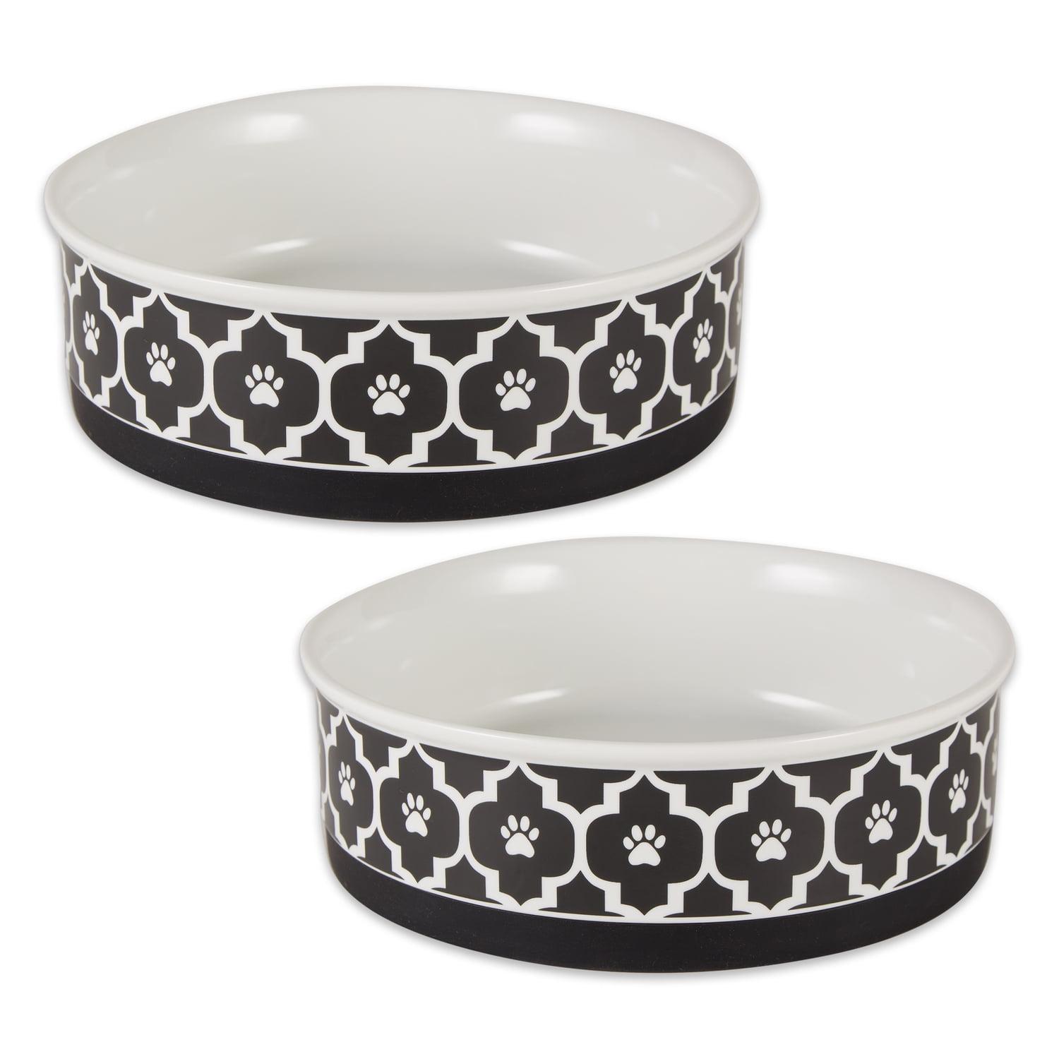 Large Black and White Ceramic Pet Bowls with Non-Skid Base, Set of 2