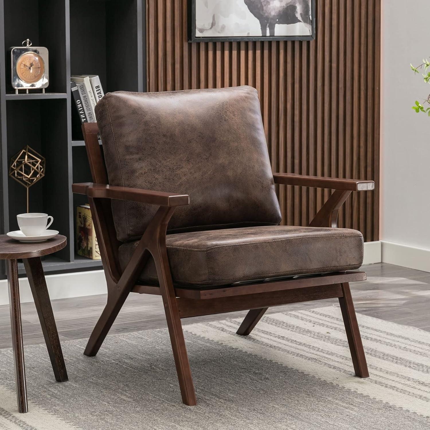 Mid-Century Modern Brown Faux Leather Wood Accent Chair