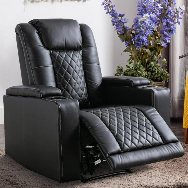 Bonzy Home Electric Power Recliner Chair Soft Air Breathable Leather Reclining for Adults with USB Ports and Cup Holders, Black Home Theater Seating with Hidden Arm Storage Movie & Media Room Chairs