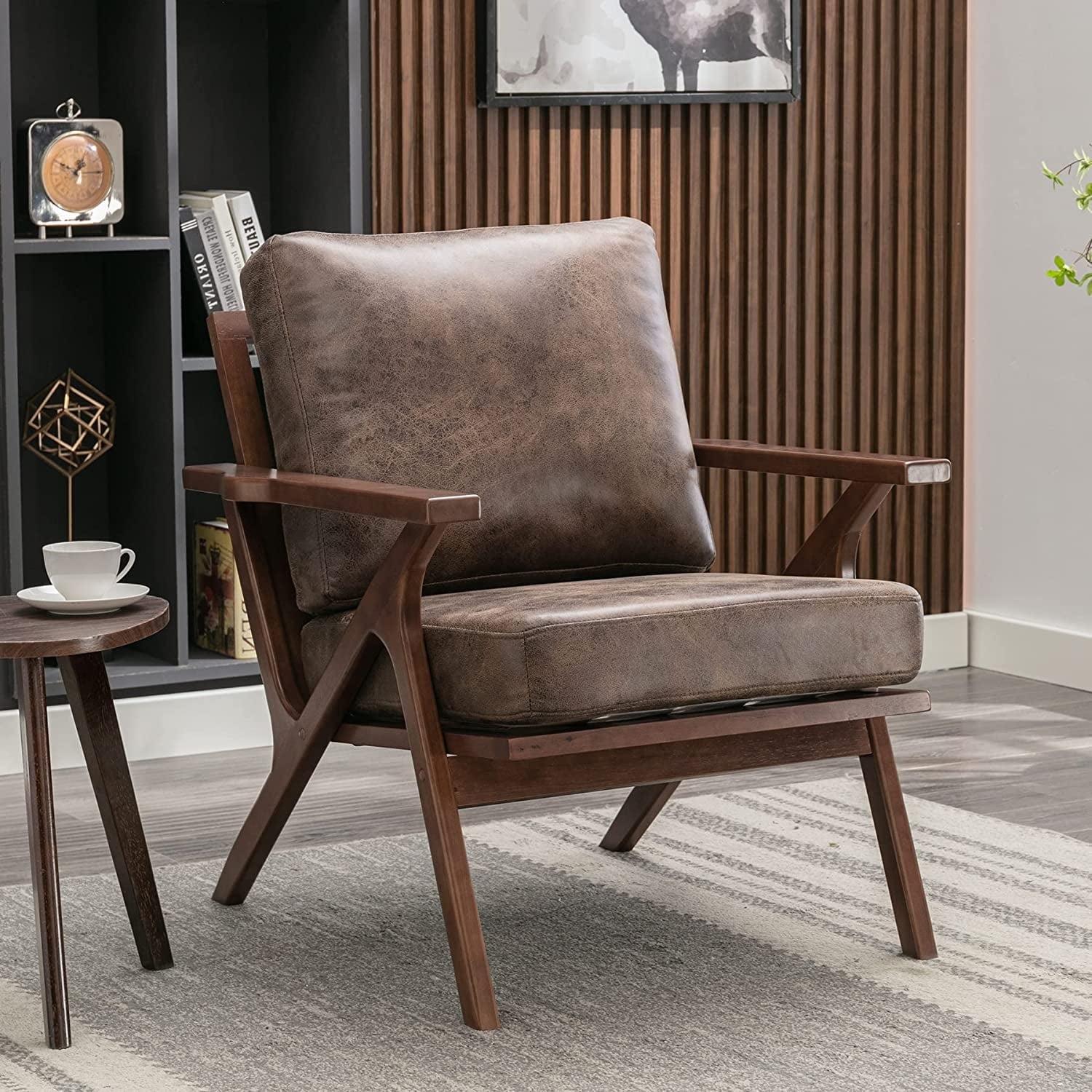 Bonzy Home Mid-Century Modern Accent Chair, Upholstered Leather Arm with Solid Wood Frame & Removable Cushions for Living Room