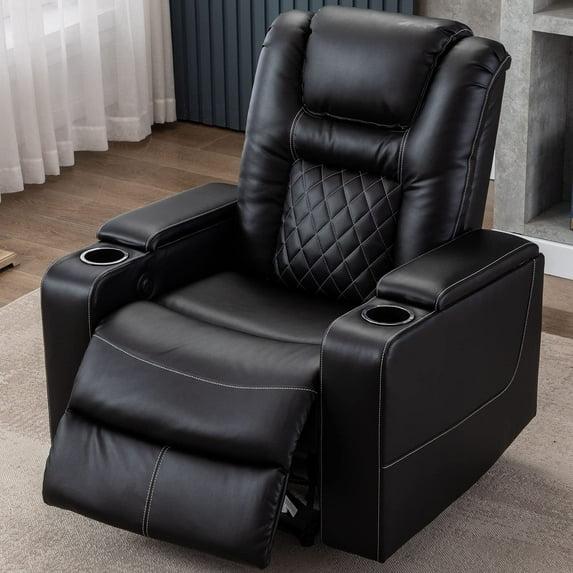 Bonzy Home Power Electric Recliner Chair with USB Ports and Cup Holders Leather Home Theater Seating, Living Room Chair Black