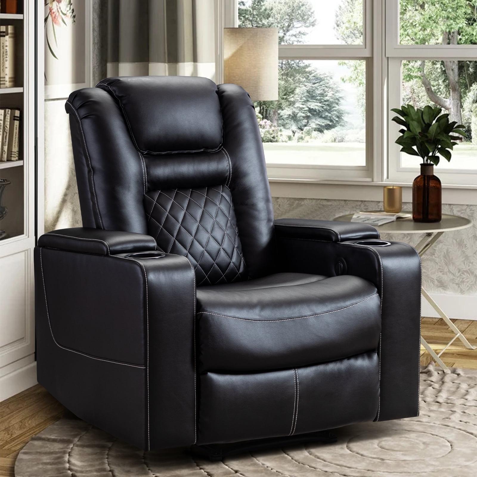 Black Faux Leather Recliner with USB Ports and Cup Holders