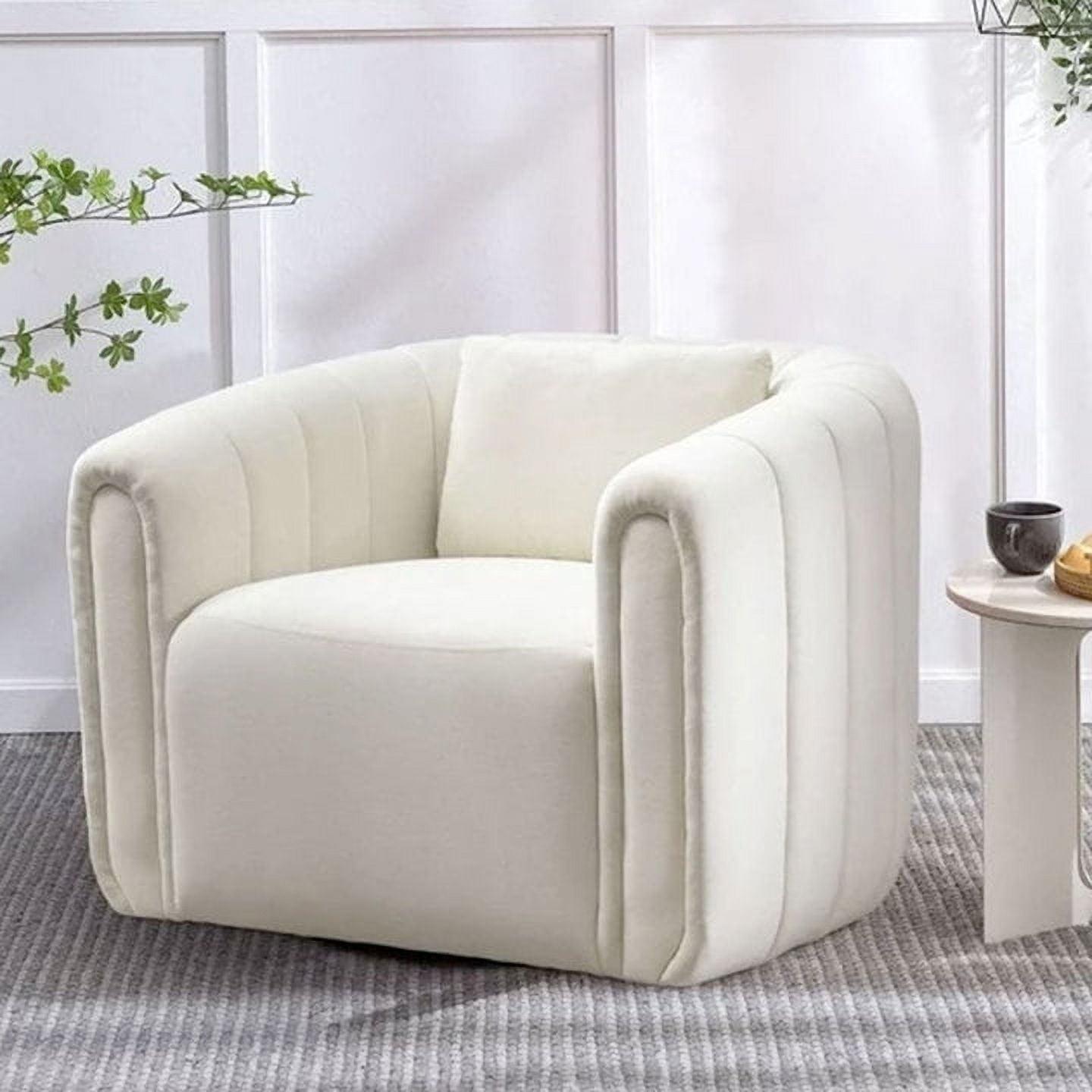 Bonzy Home Swivel Barrel Chair with Plump Pillow, Modern Channel Velvet Accent Chair, Comfy Round Armchair, Swivel Accent Chair for Living Room Bedroom (Beige)