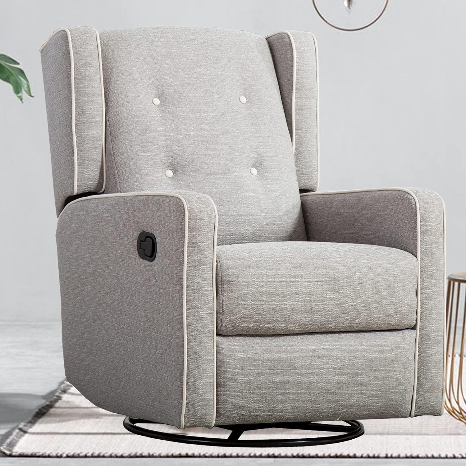 Gray Polyester Swivel Rocker Recliner with Button Tufting