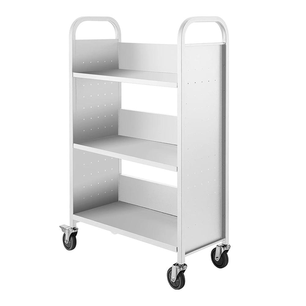 Book Cart, 200LBS Library Cart, 49.2''x29.5''x13.8'' Rolling Book Cart, Single Sided L-Shaped Flat Shelves with Lockable Wheels for Home Shelves Office School Book Truck White