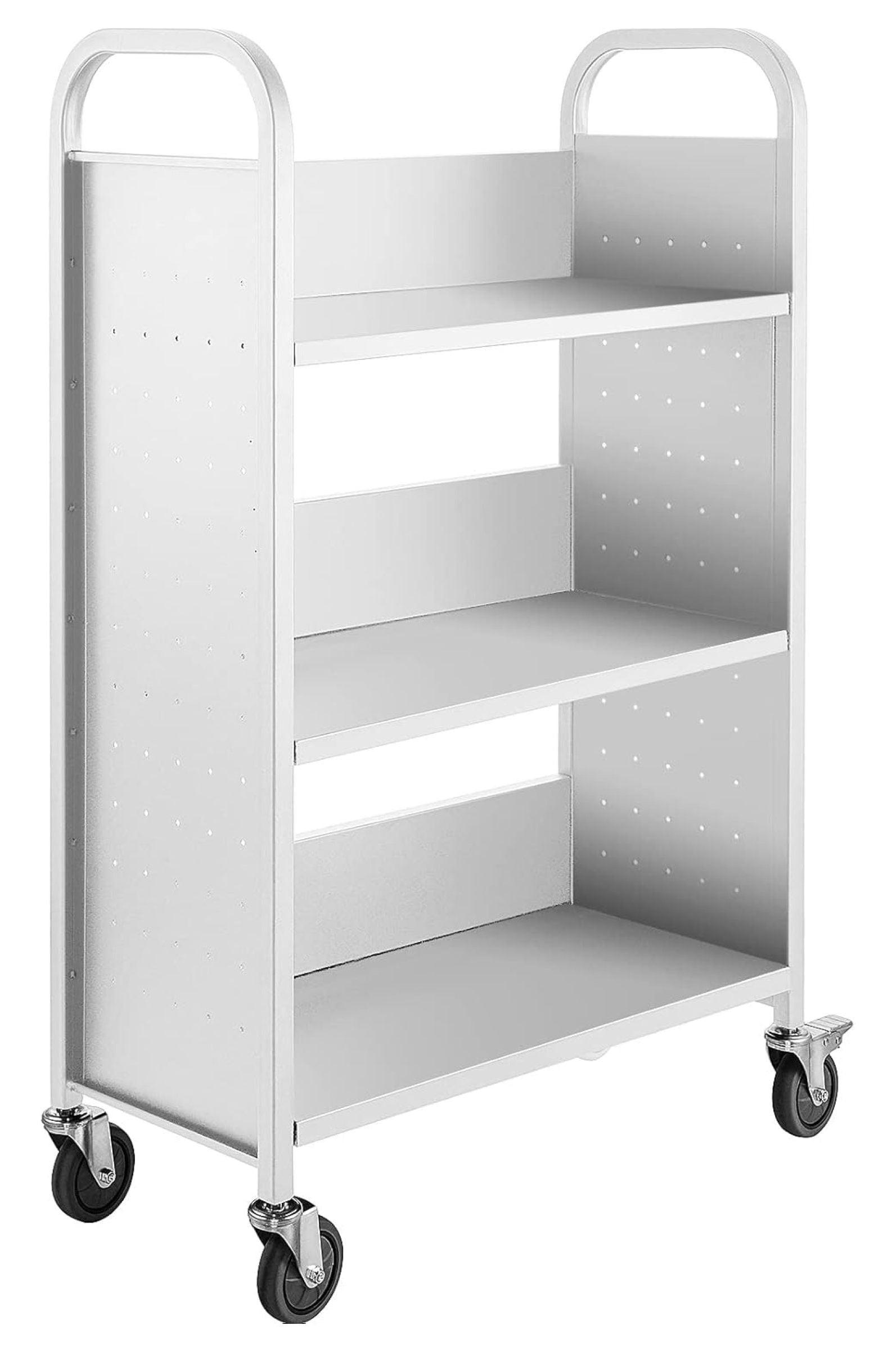 White Carbon Steel Rolling Book Cart with Lockable Wheels