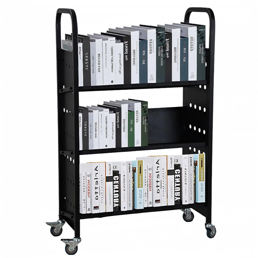 Black Metal 49" V-Shaped Rolling Book Cart with Lockable Wheels