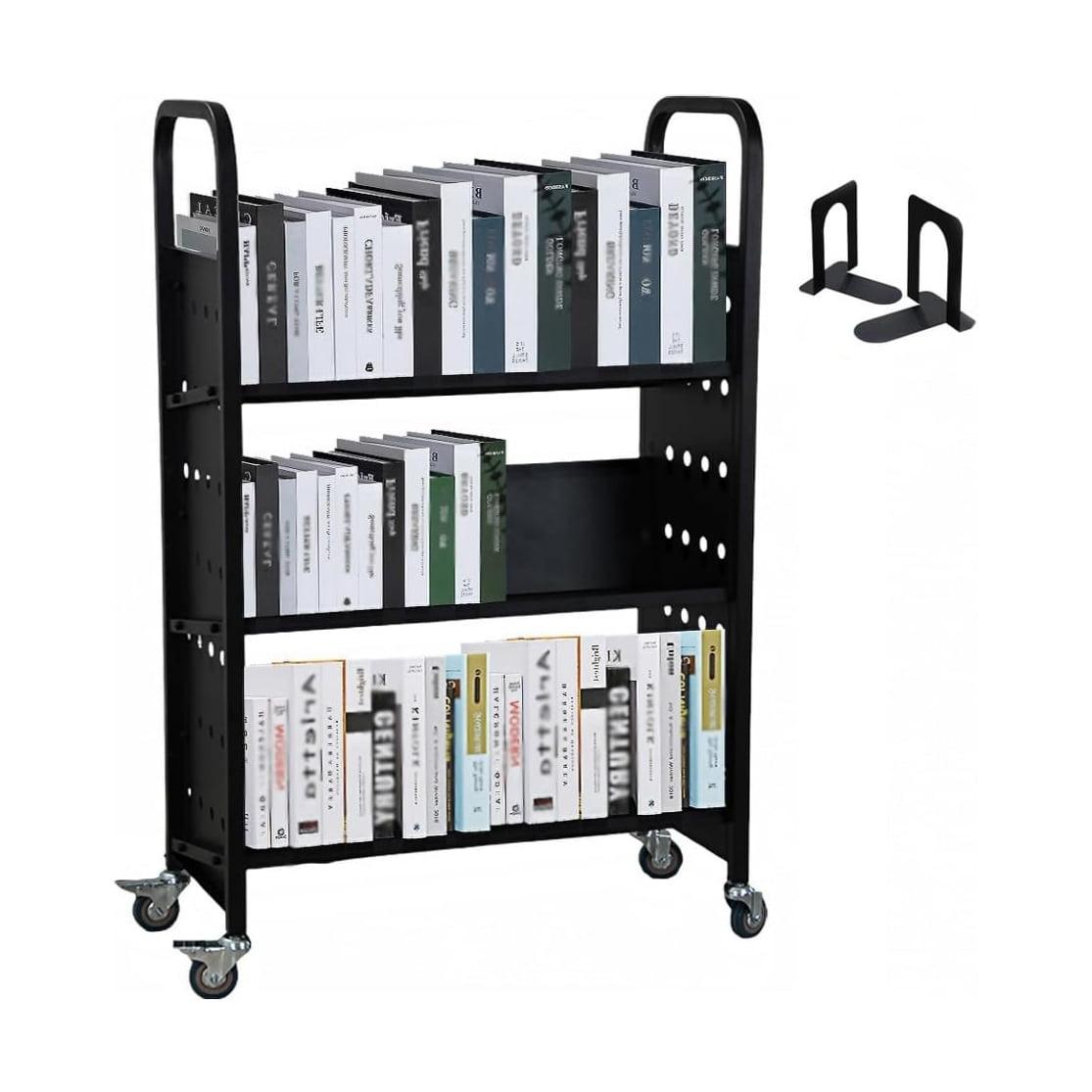 Black Three-Tier Steel V-Shaped Library Book Cart