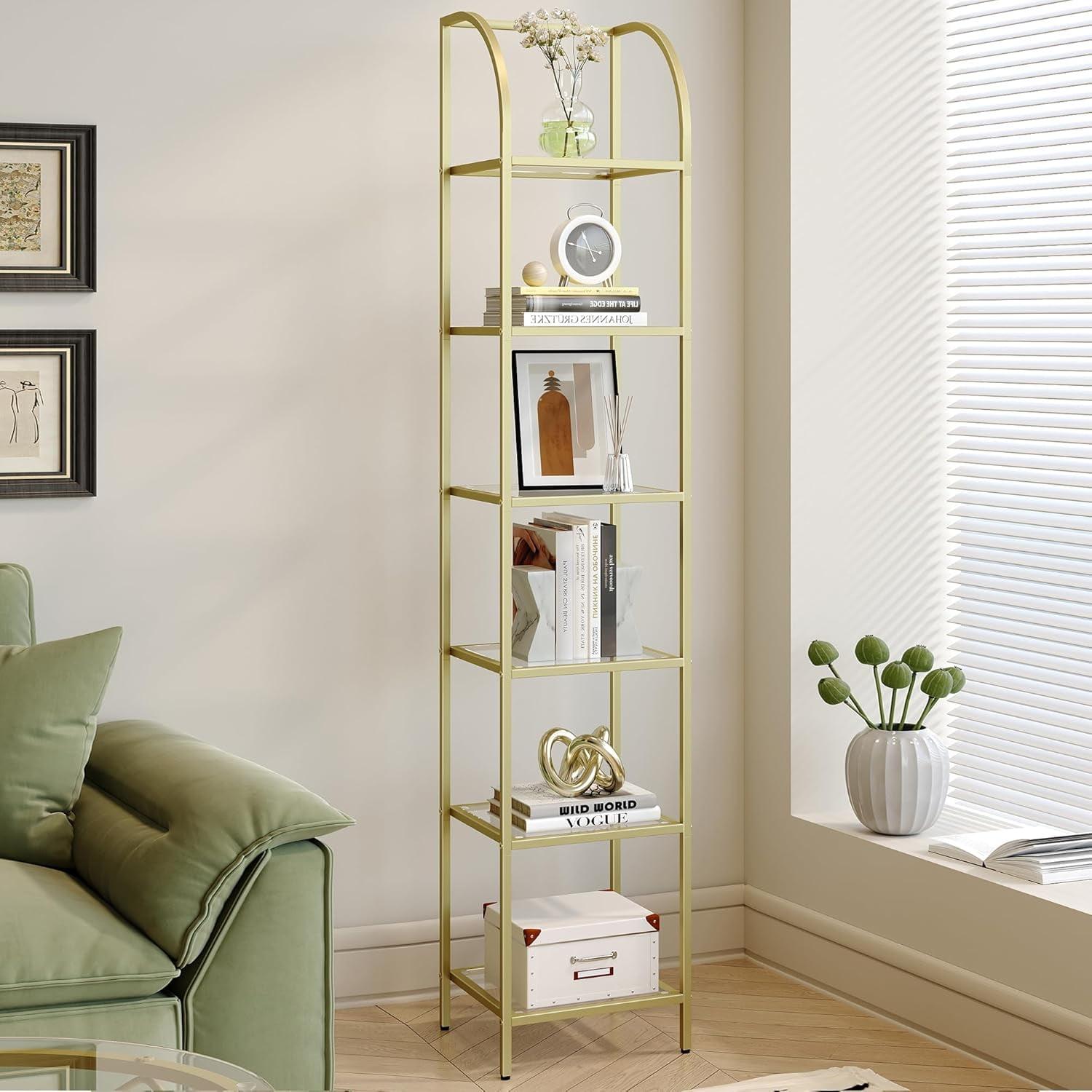 Mercer41 Bookcase Bookshelf, Tempered Glass Arched Bookshelf For More Storage, Slim Shelving Unit For Bedroom, Bathroom, Home Office, Steel Frame, 6 Tier Gold