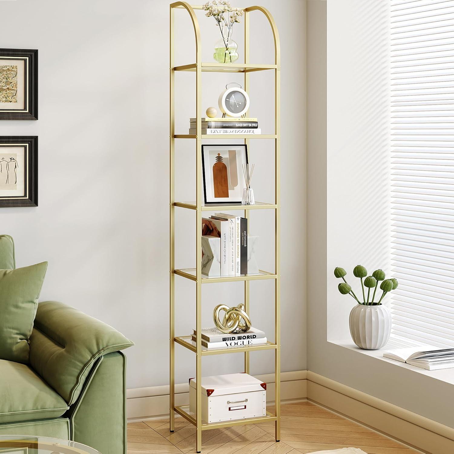 Mercer41 Bookcase Bookshelf, Tempered Glass Arched Bookshelf For More Storage, Slim Shelving Unit For Bedroom, Bathroom, Home Office, Steel Frame, 6 Tier Gold