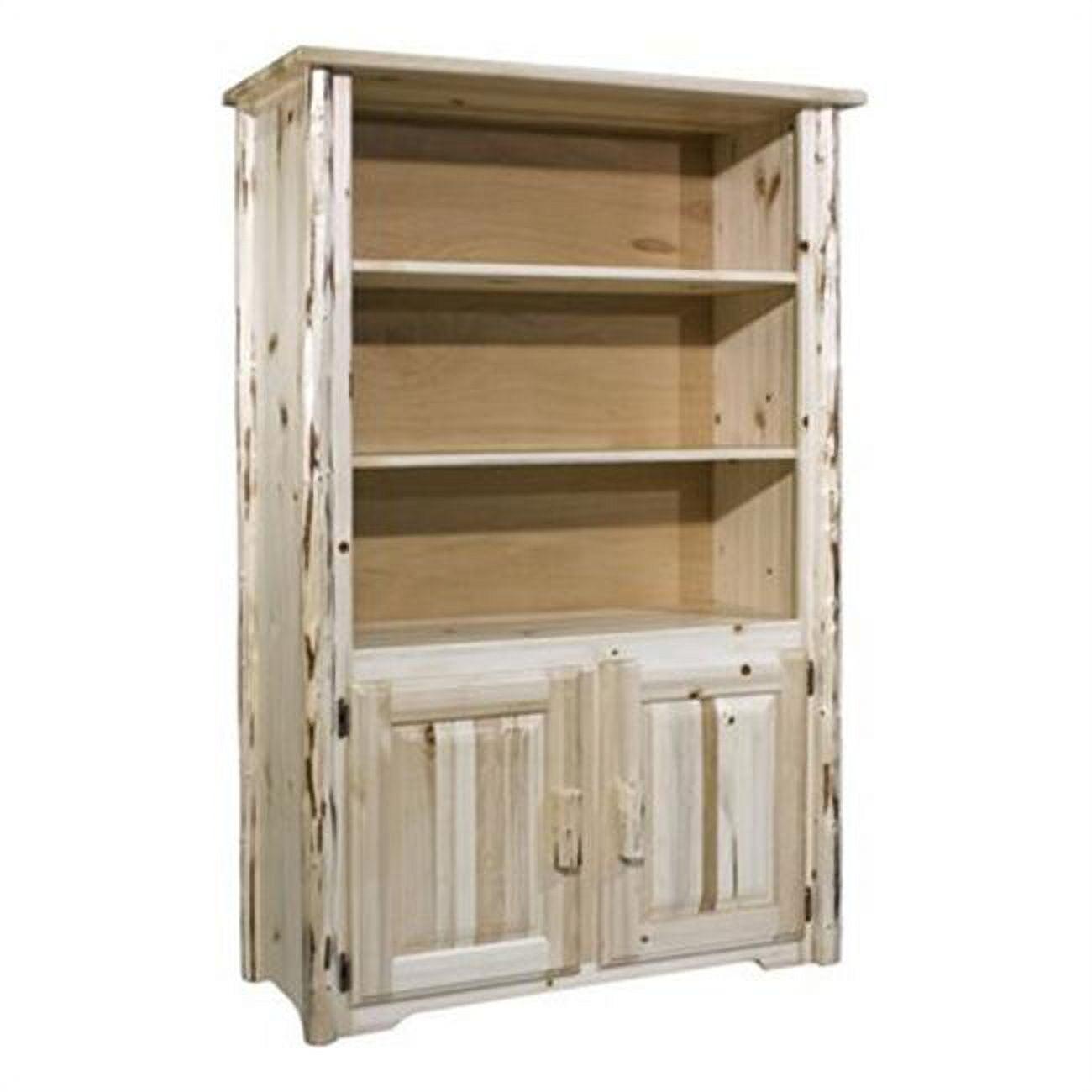 Rustic Handcrafted Pine Bookcase with Lodgepole Accents and Storage Doors