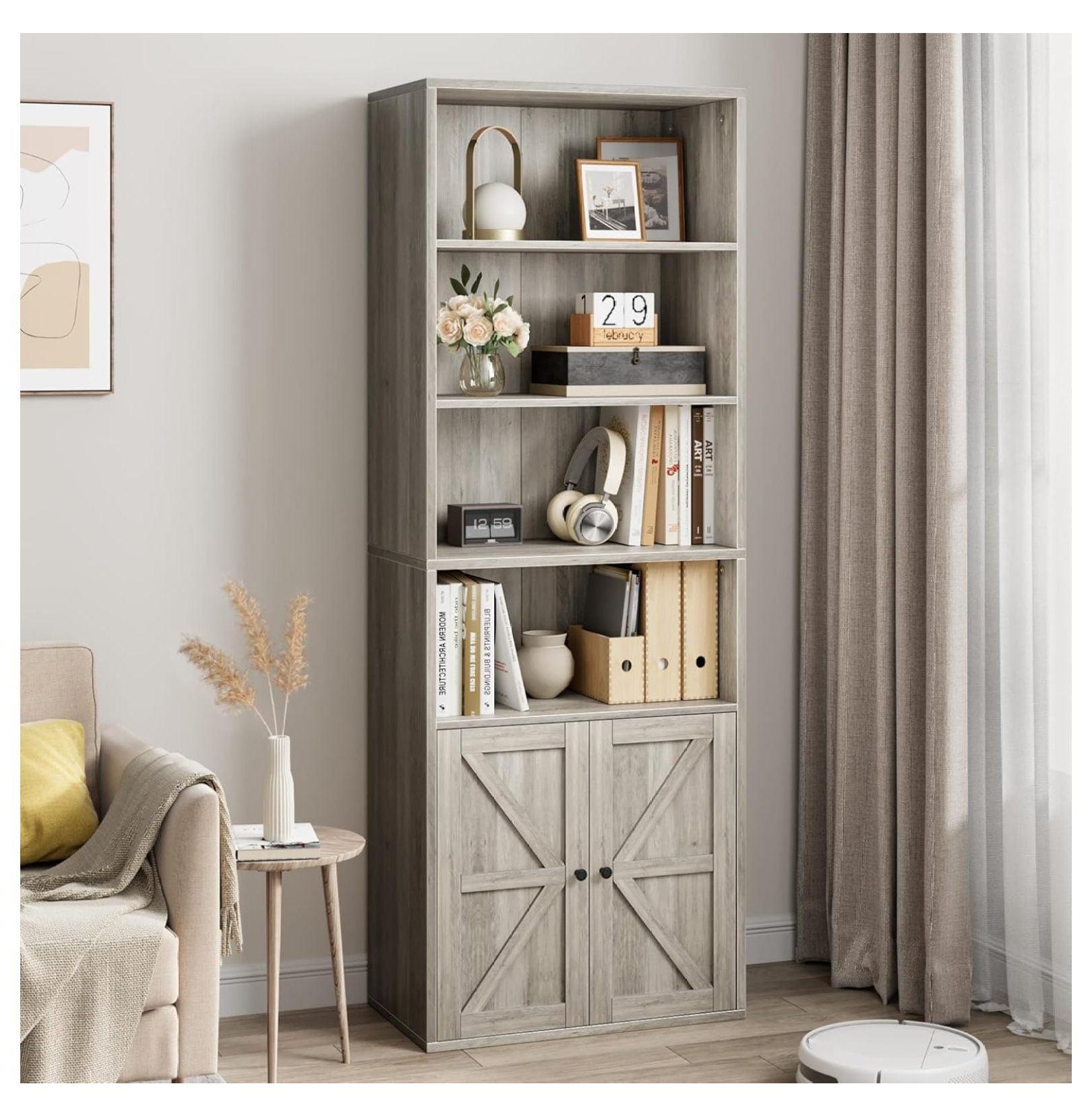 Gray MDF Farmhouse Bookcase with Doors and Adjustable Shelves