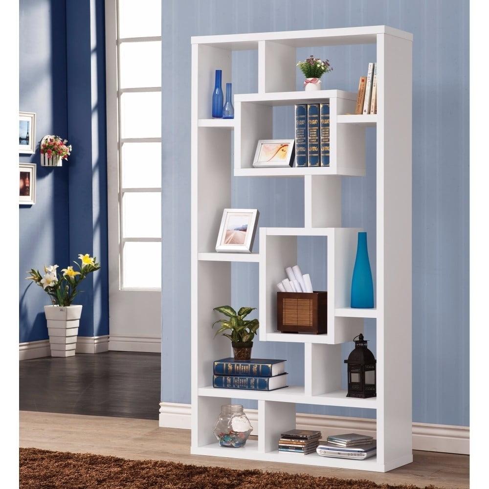 Contemporary White Wood Ladder Bookcase with 10 Varied Shelves