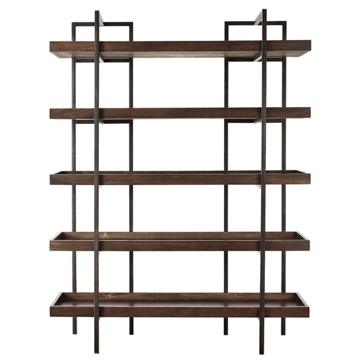 Walnut Brown Bookcase with Black Metal Frame and 5 Fixed Shelves