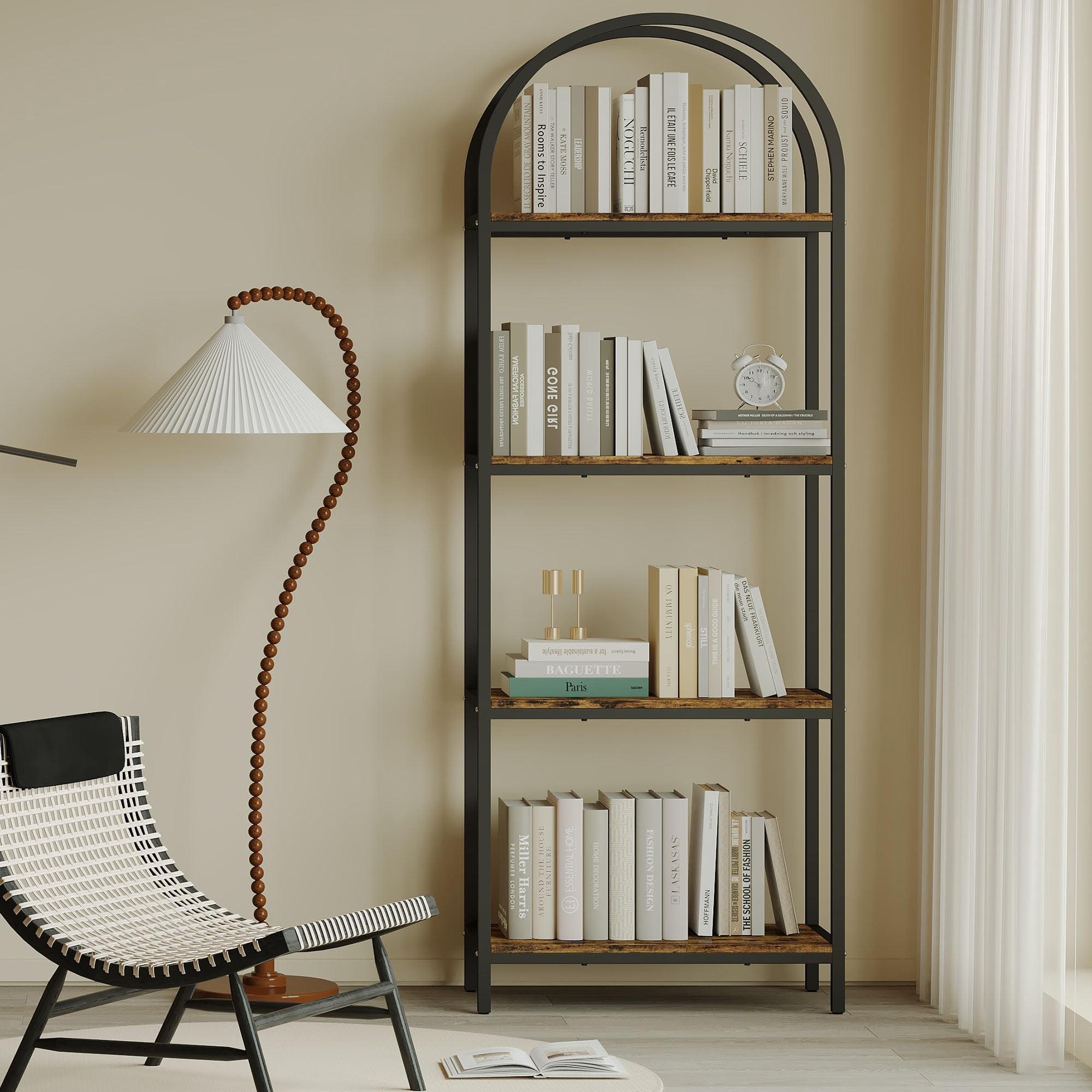 17 Stories Bookshelf Arched Bookcase, Industrial 4-Tier Open Book Shelves with Metal Frame, 72" Tall Bookcase