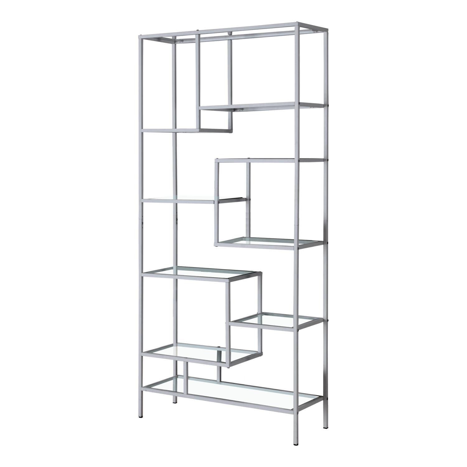 72" Silver Metal and Tempered Glass Asymmetrical Bookcase