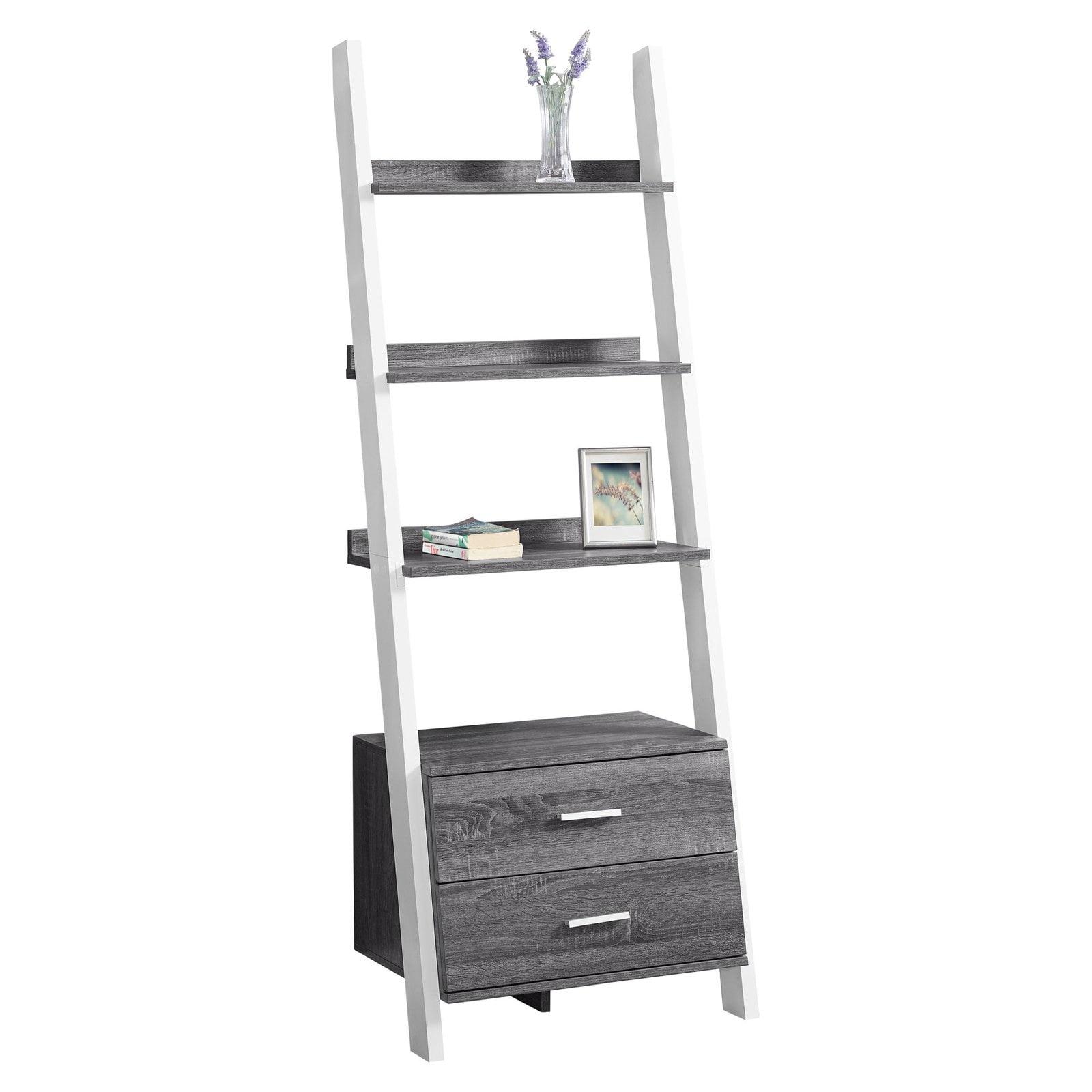 Transitional Grey-White Wooden Ladder Bookcase with Storage Drawers