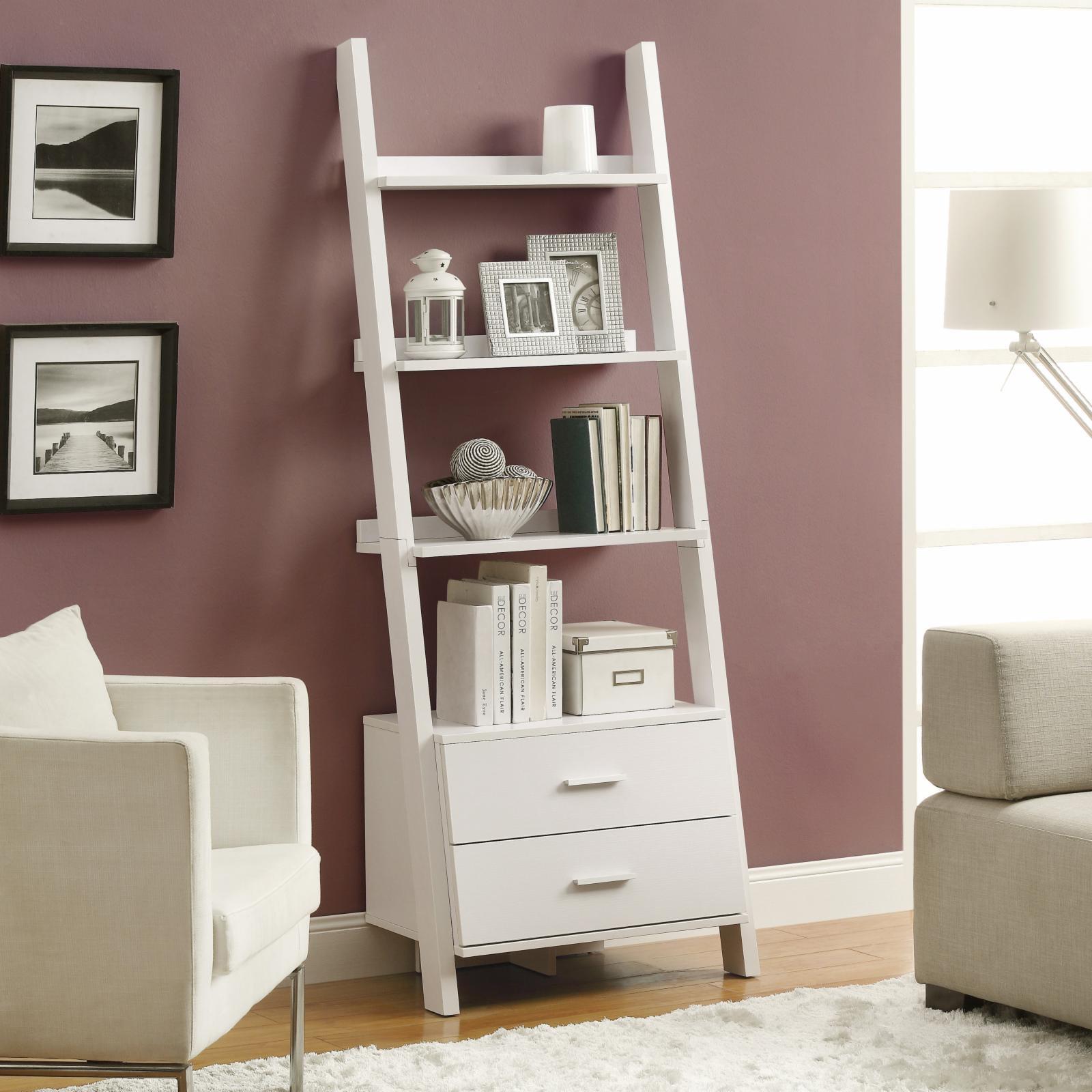 Contemporary White Wood Ladder Bookshelf with Storage Drawers